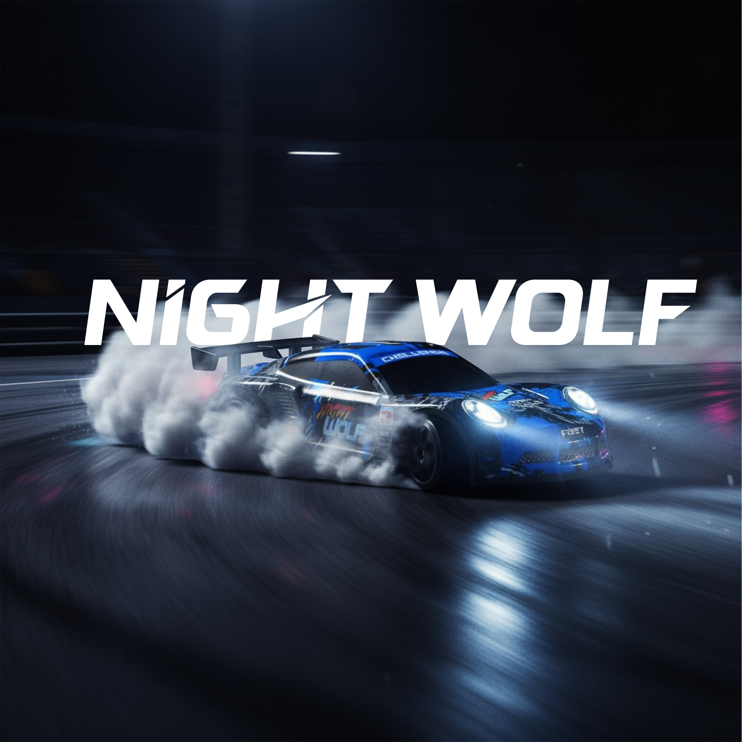 Blue RC race car on a track with 'NIGHT WOLF' text