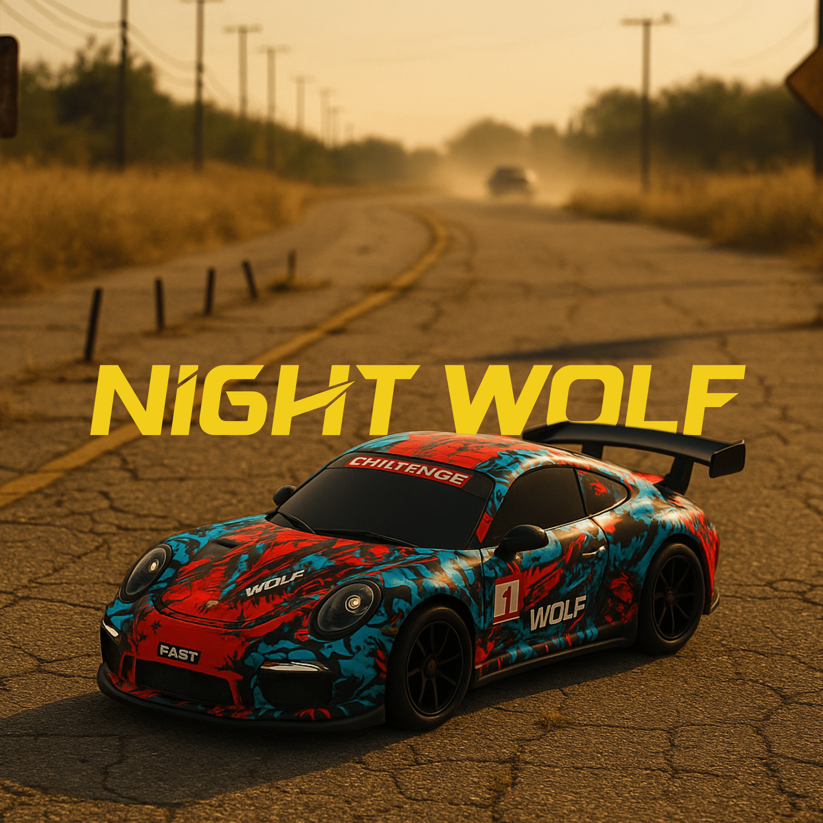 Colorful toy RC car with 'NIGHT WOLF' branding on a desert road.
