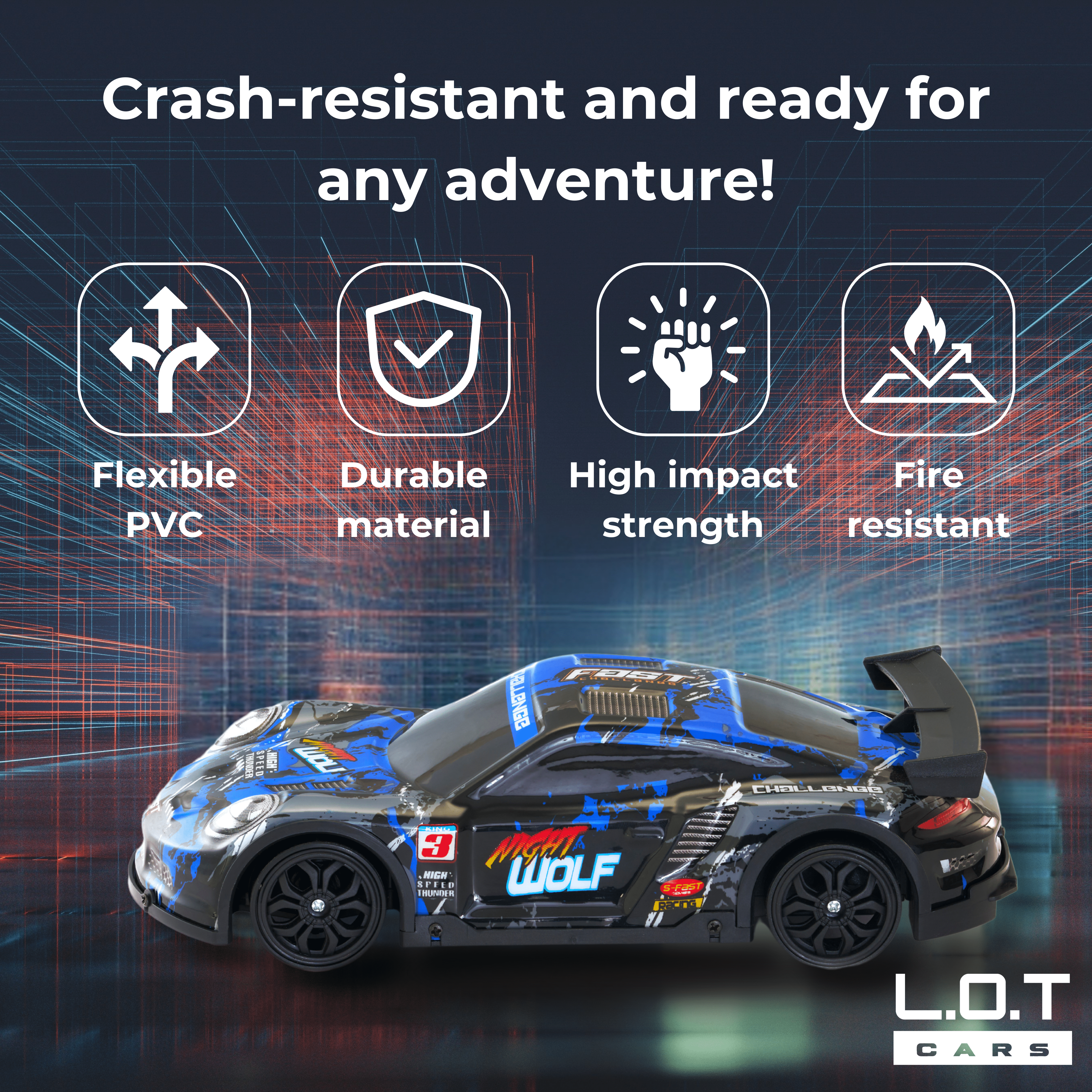 Features of L.O.T Cars Night Wolf Drift RC Car (Blue)