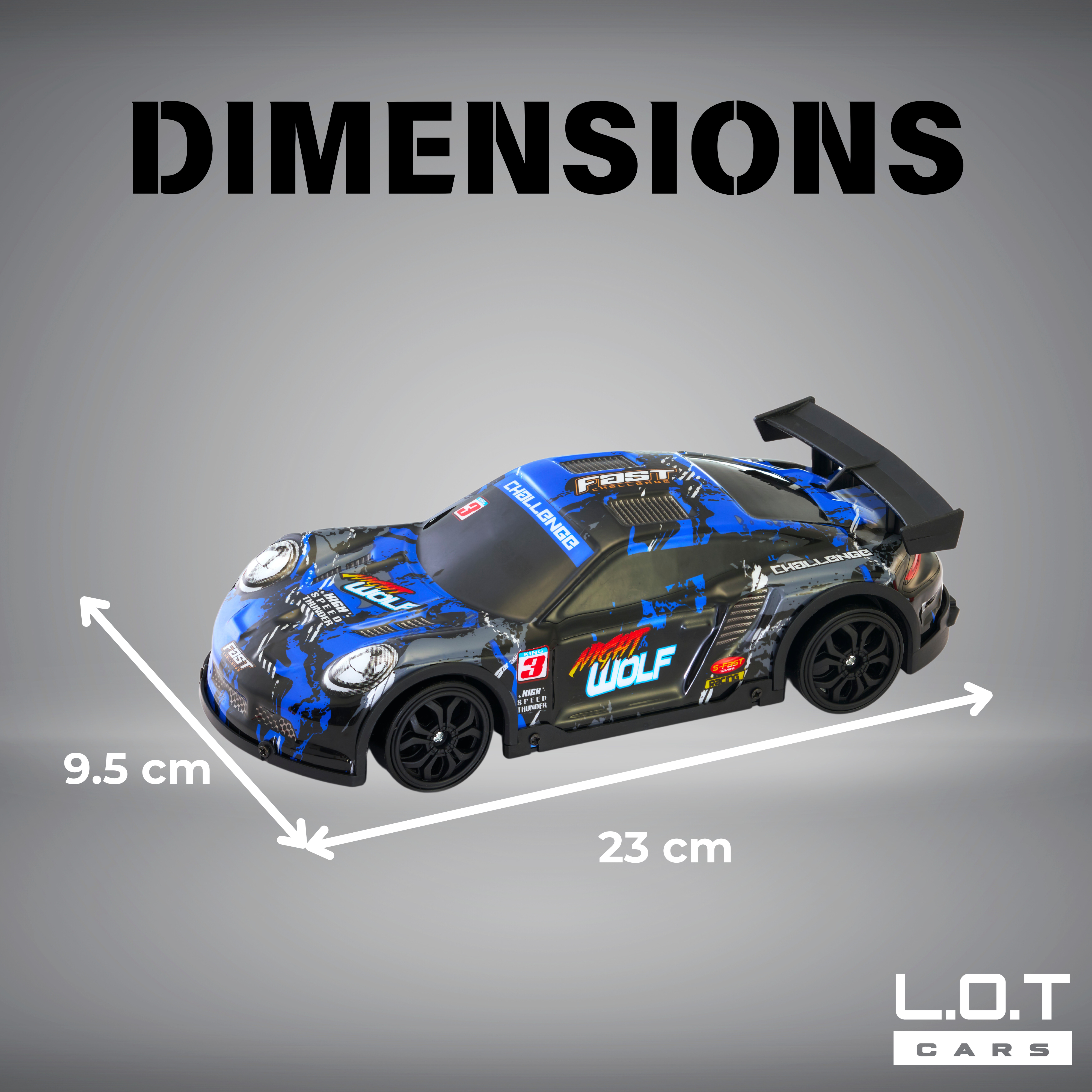 Size and Dimensions of L.O.T Cars Night Wolf Drift RC Car (Blue)