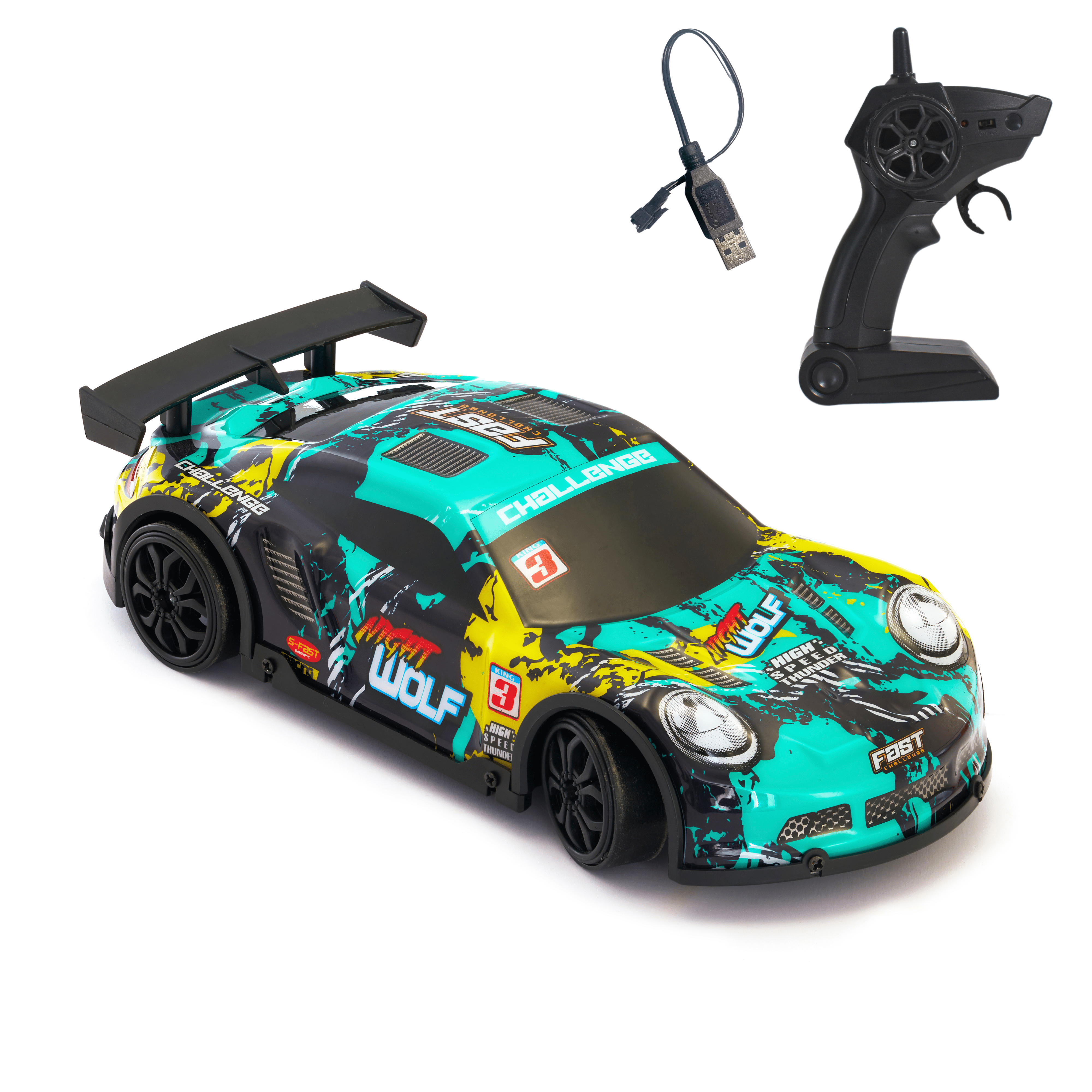 Product Image of L.O.T Cars Night Wolf Drift RC Car (Green) with USB Cable and Remote Control