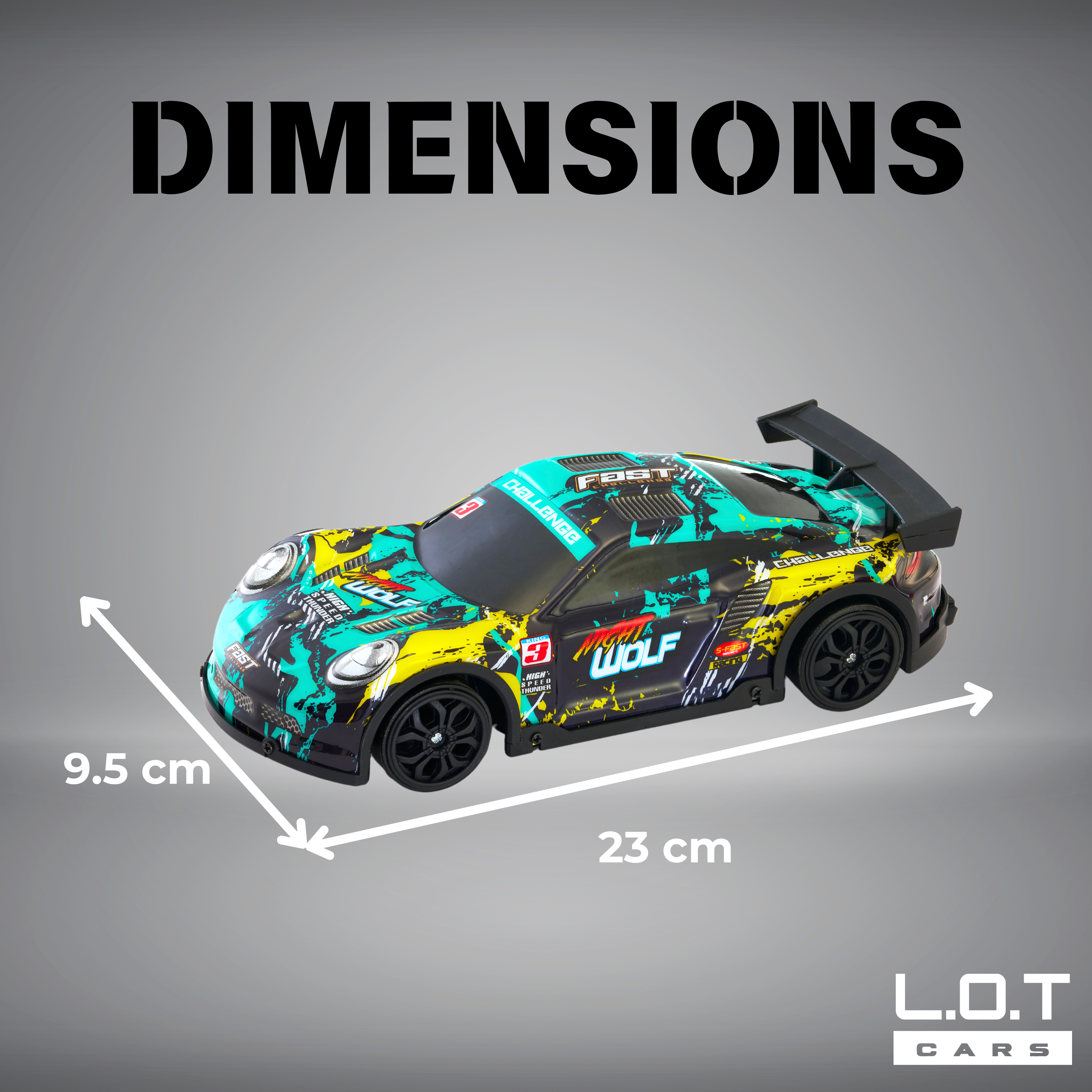 Size and Dimensions of L.O.T Cars Night Wolf Drift RC Car (Green)