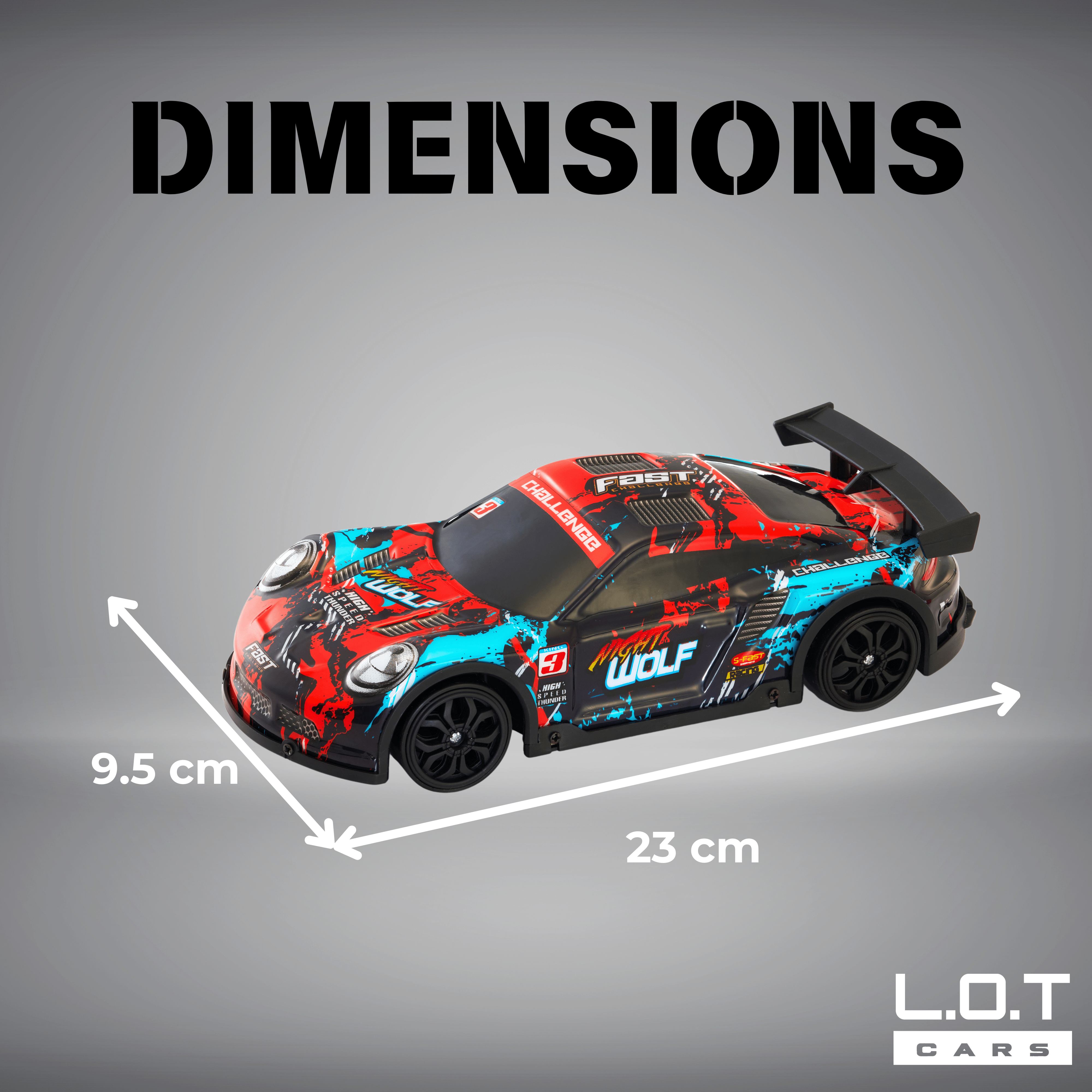 Size and Dimensions of L.O.T Cars Night Wolf Drift RC Car (Red)