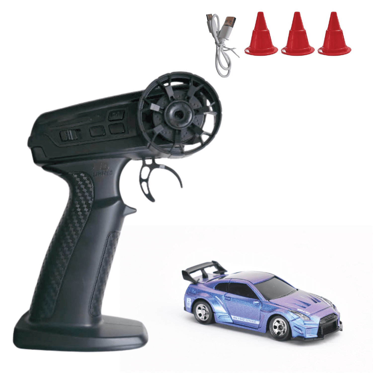 Black remote control transmitter with a blue toy car and three red cones on a white background