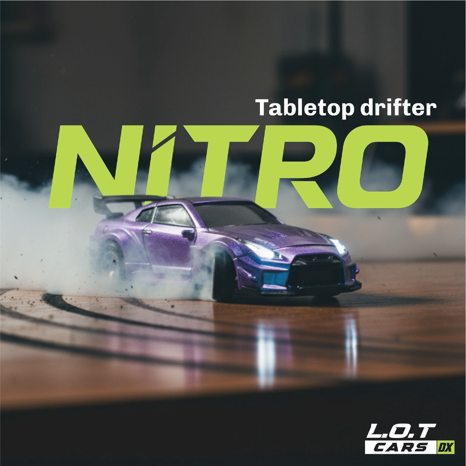 Purple RC Car on a track with 'NITRO' and 'L.O.T Cars' text in the background