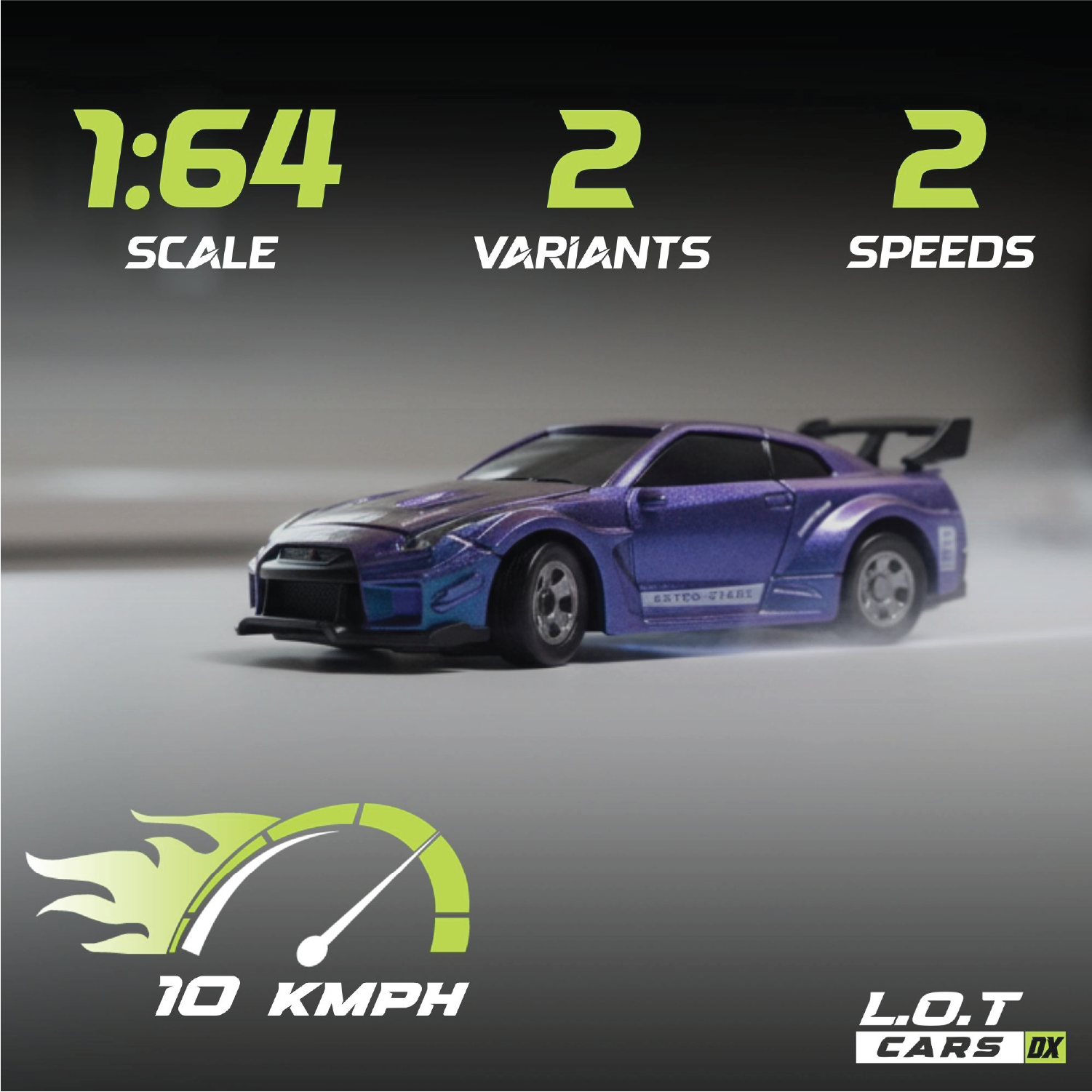 RC Racecar with specifications on a dark background With top speed of 10kmph