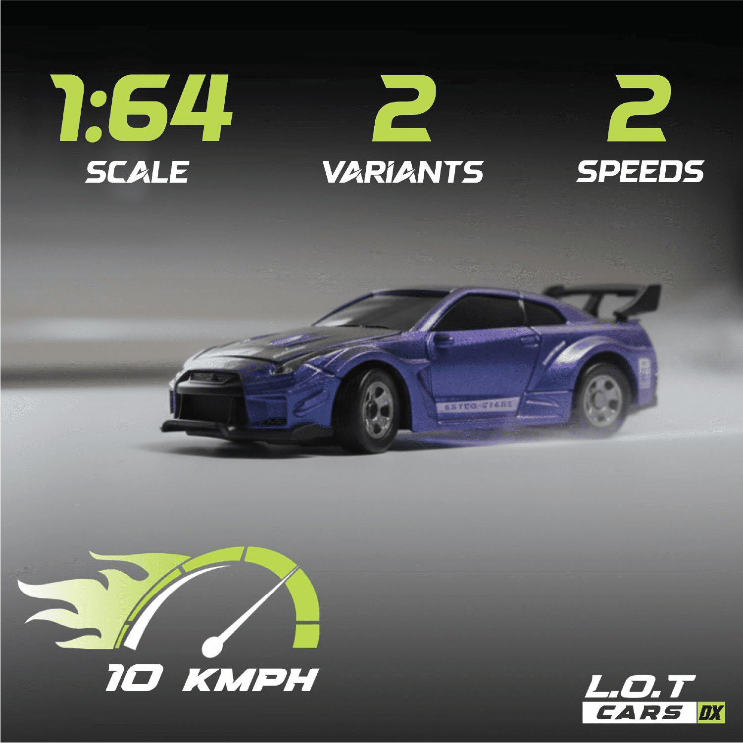 RC Racecar with specifications on a dark background With top speed of 10kmph