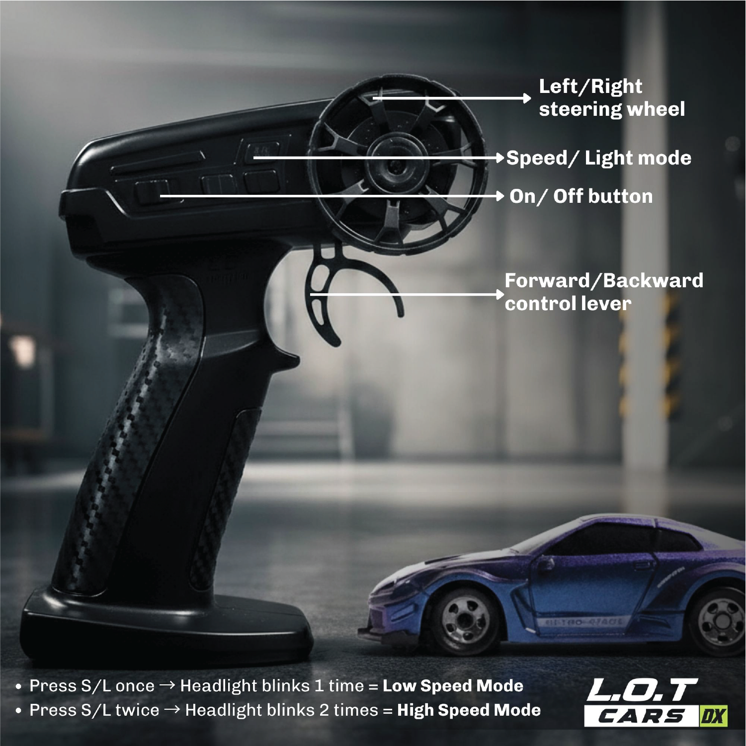 Black Gun Styled remote control with labeled parts and a blue RC toy car on a blurred background