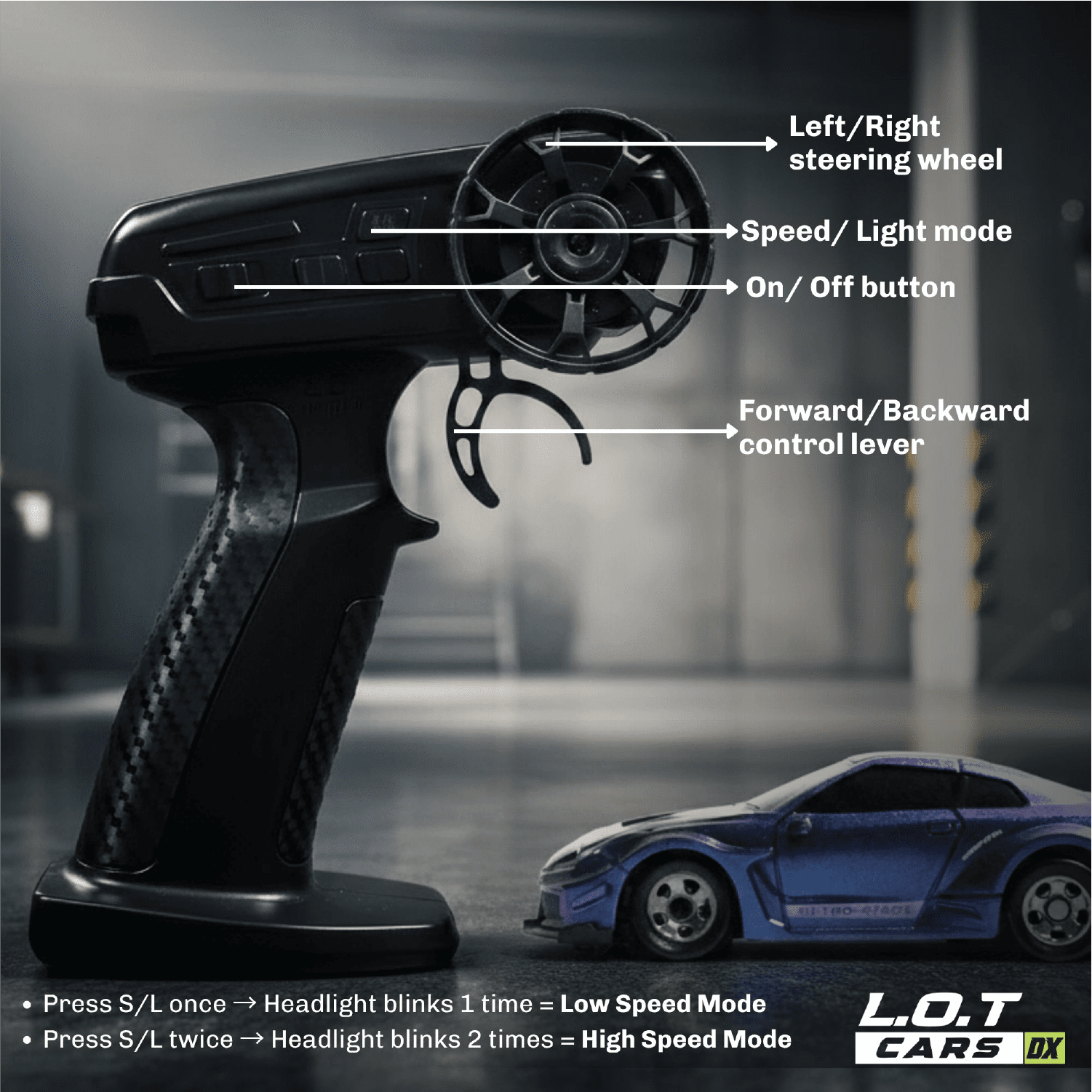 Black Gun Styled remote control with labeled parts and a blue RC toy car on a blurred background