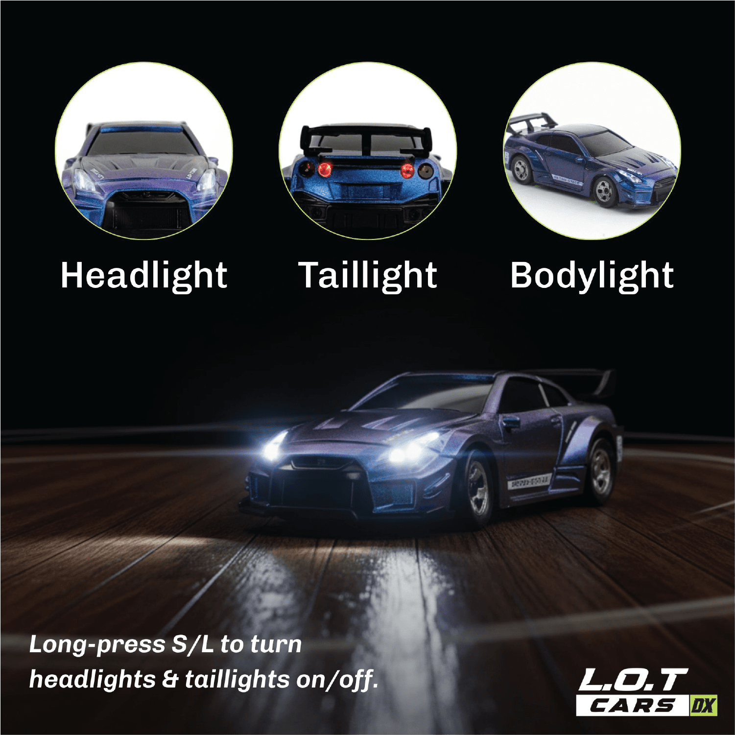 Purple RC Racecar with headlights and taillights on a dark background, featuring L.O.T Cars branding.