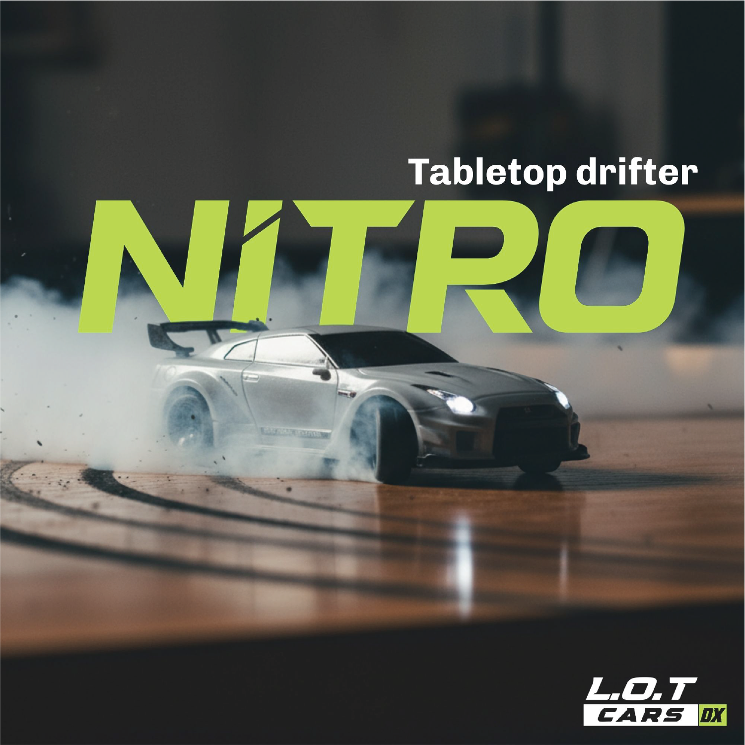 White RC Tabletop drifter car model with 'NITRO' text and L.O.T CARS logo on a dark background