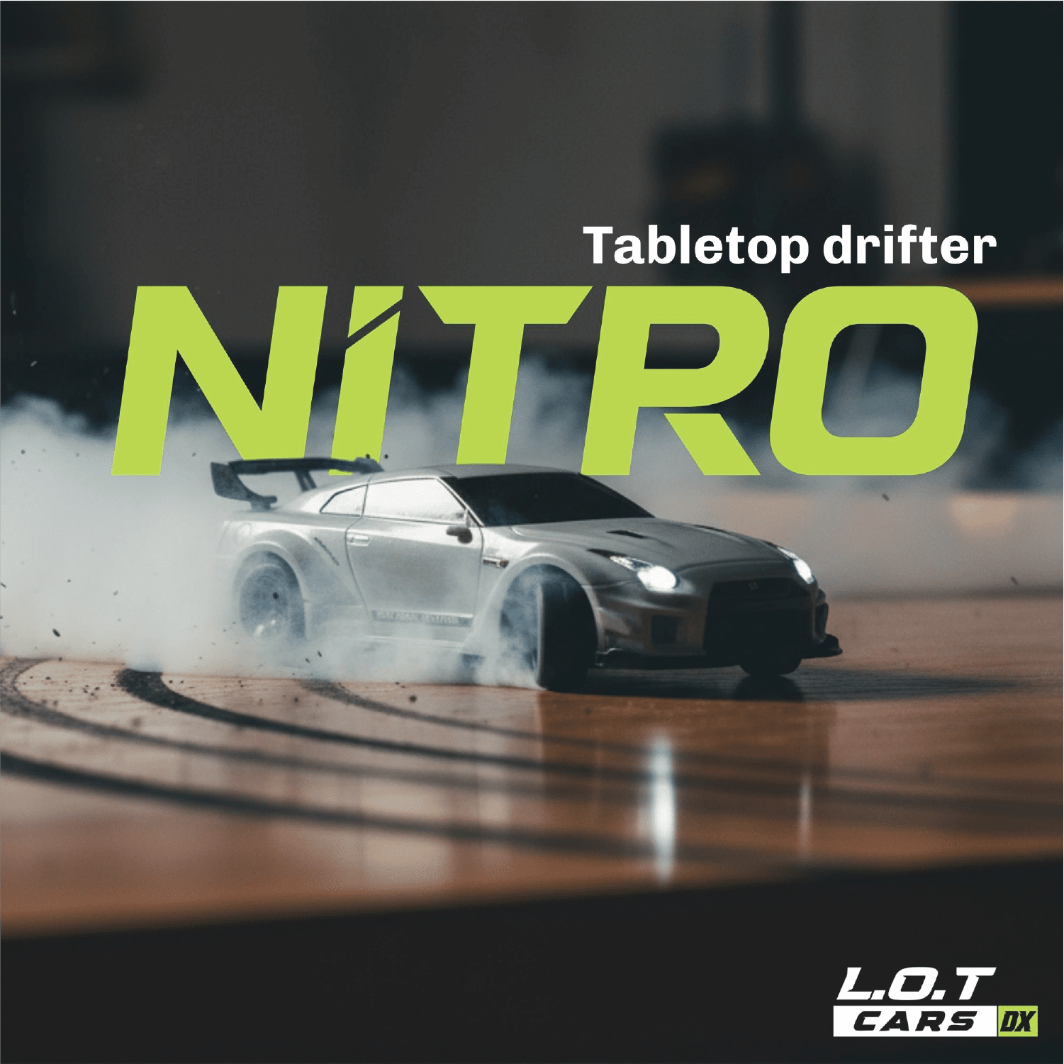 White RC Tabletop drifter car model with 'NITRO' text and L.O.T CARS logo on a dark background