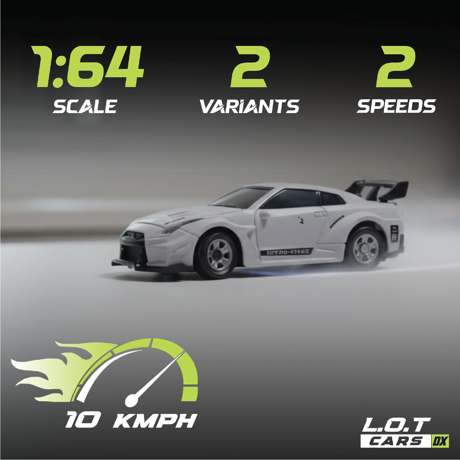 White RC Racecar with specifications on a gray background, featuring the brand 'L.O.T Cars'.