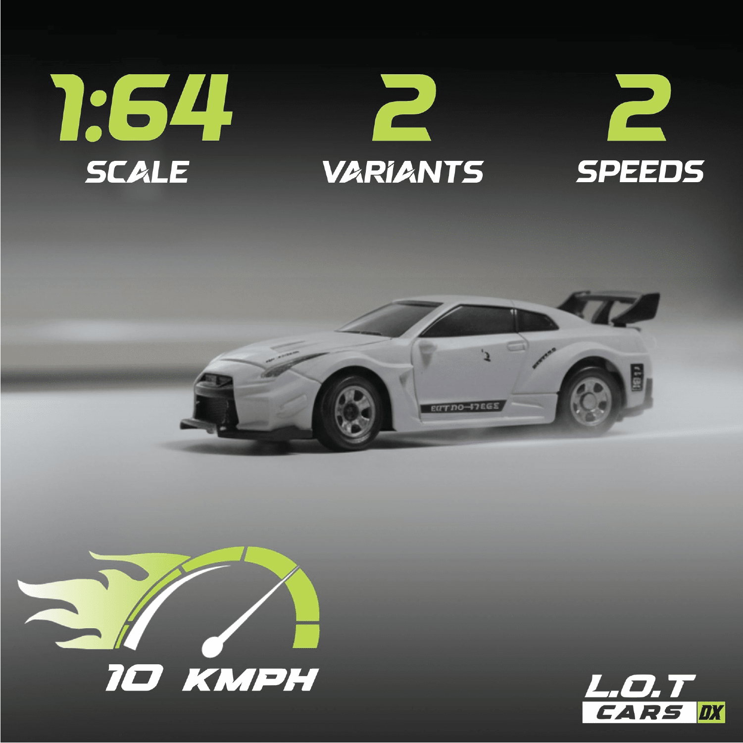 White RC Racecar with specifications on a gray background, featuring the brand 'L.O.T Cars'.