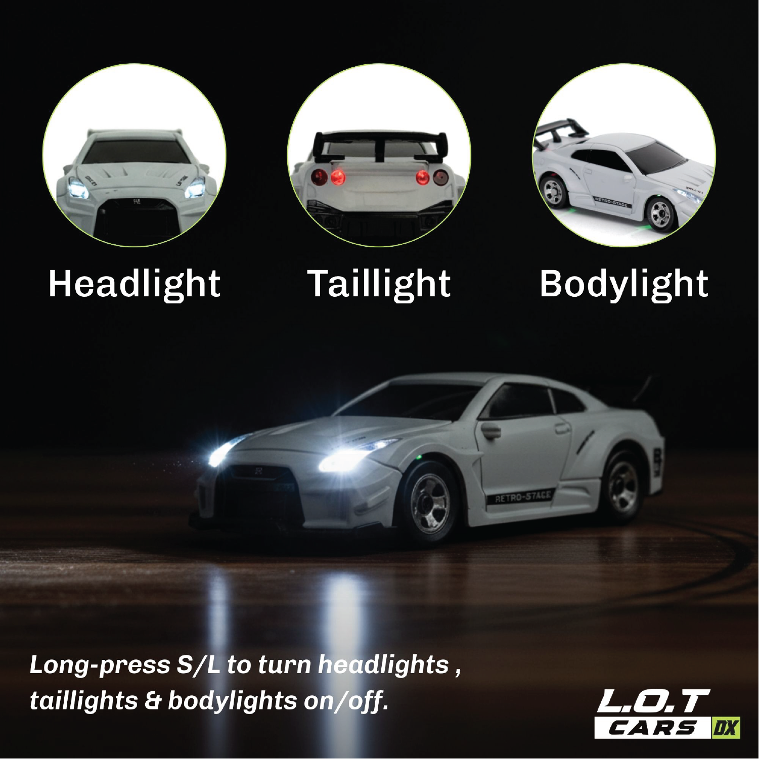 White RC model with headlights, taillights, and body lights labeled on a dark background.