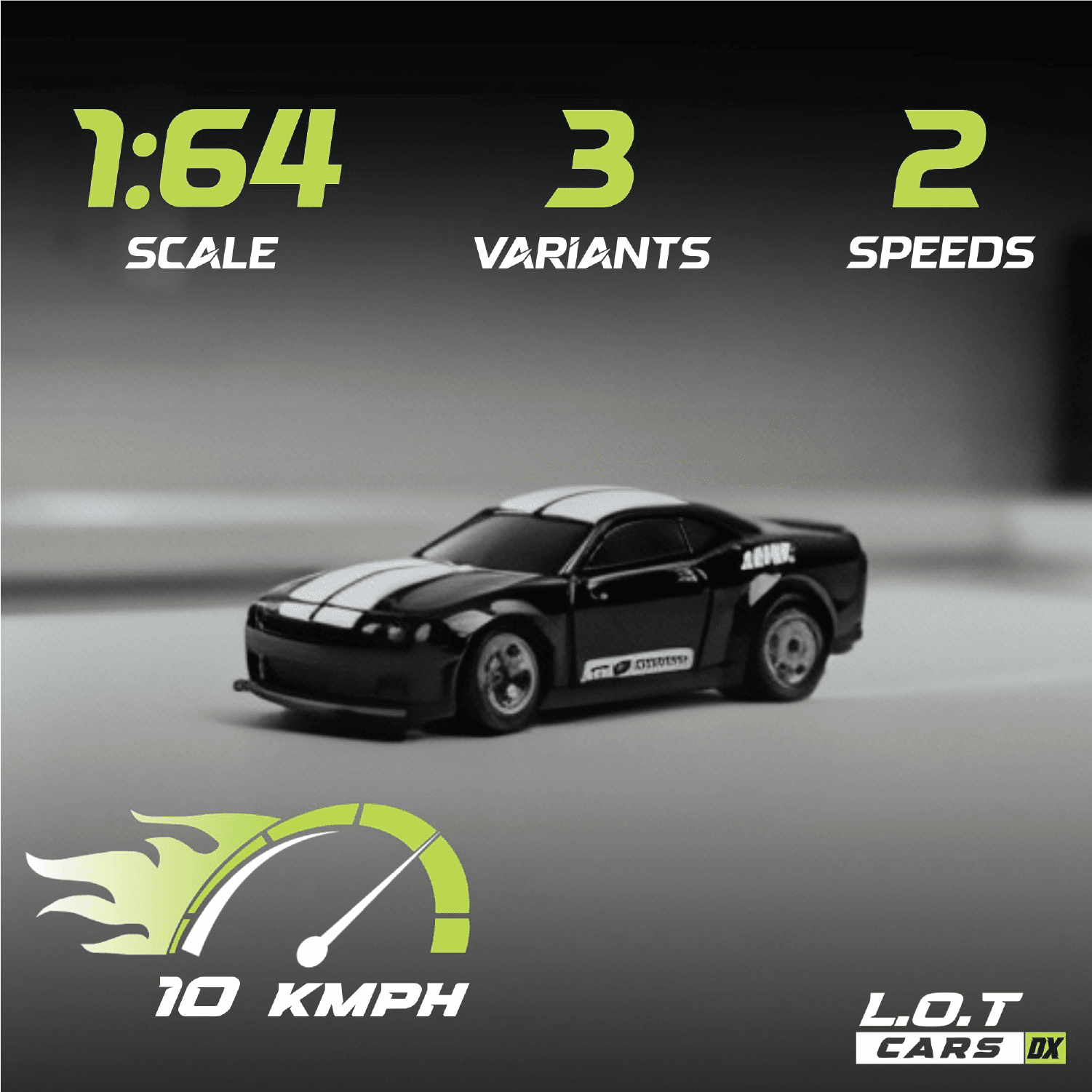 Black RC car with specifications on a dark background with top speed of 10kmph