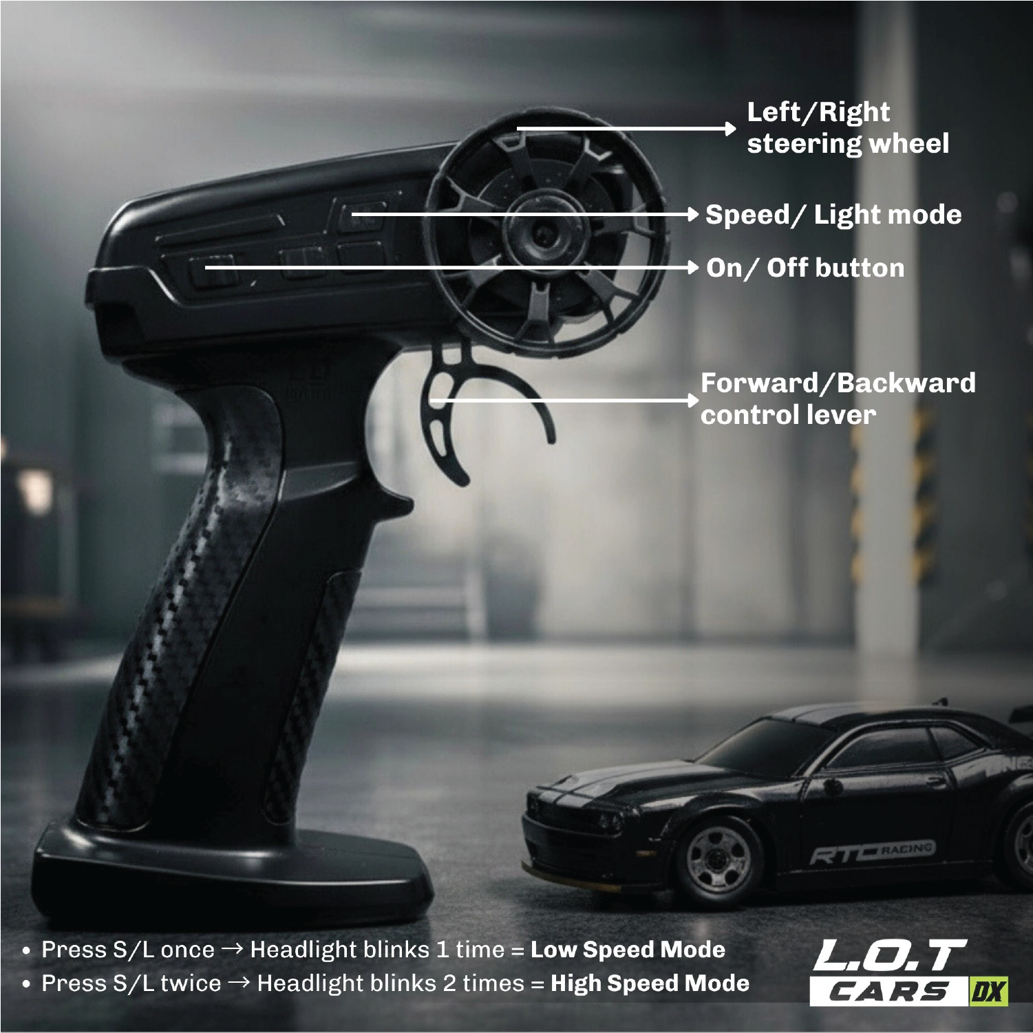 Black Gun styled remote control with labeled buttons and a Black RC car in the background, featuring L.O.T Cars branding.