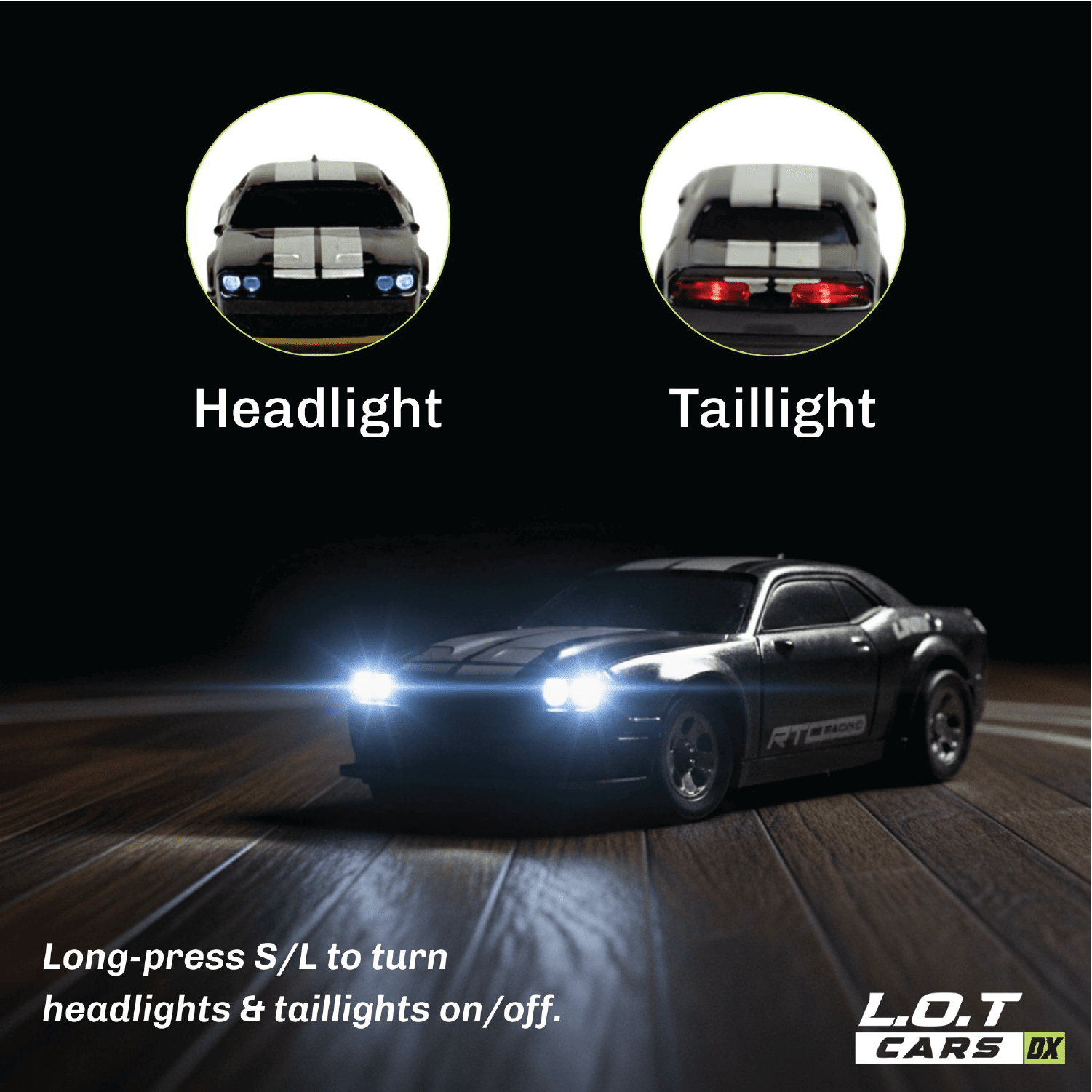 Black RC car with headlights and taillights illuminated on a dark road, featuring L.O.T Cars branding.