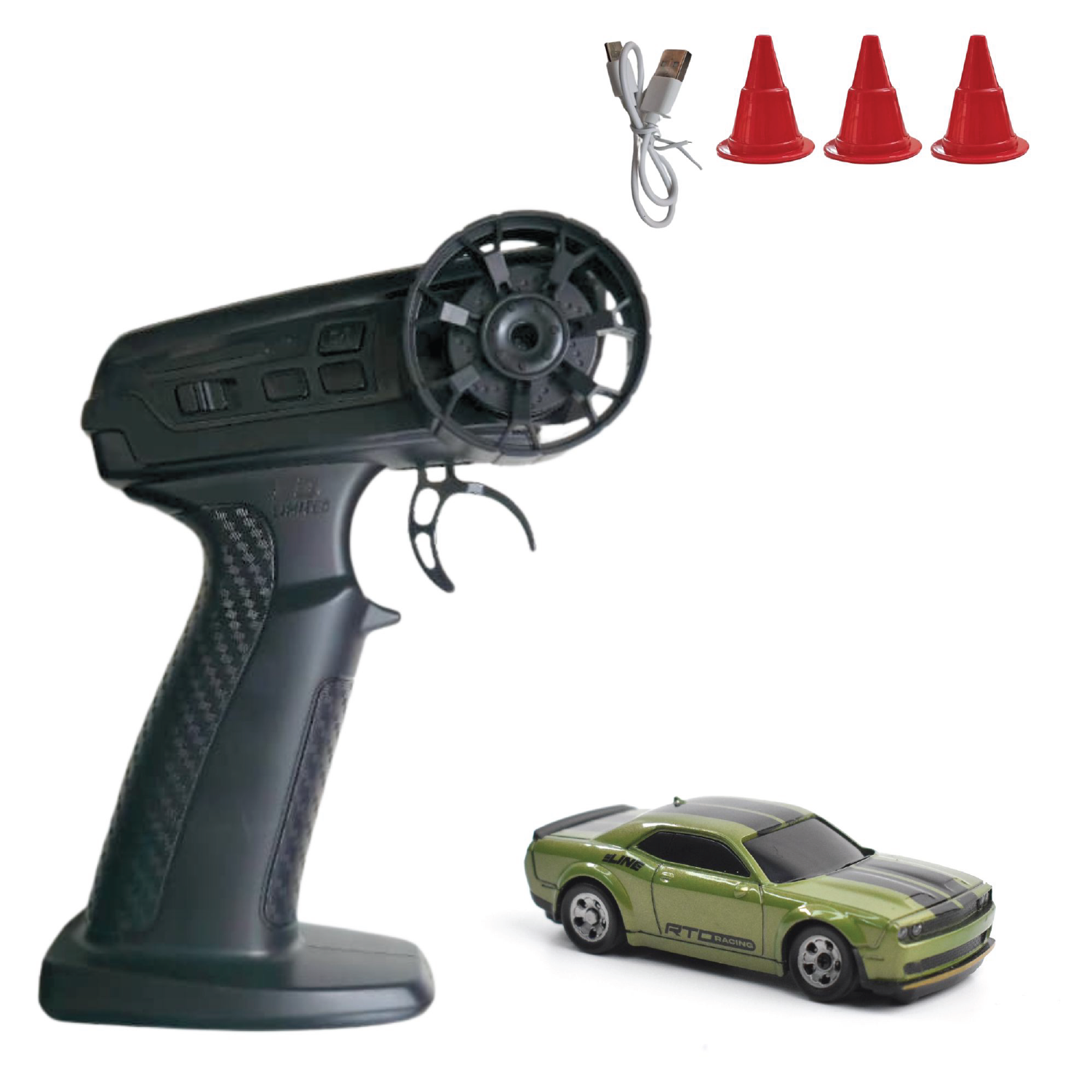 Remote control car set with transmitter, car, and traffic cones on a white background