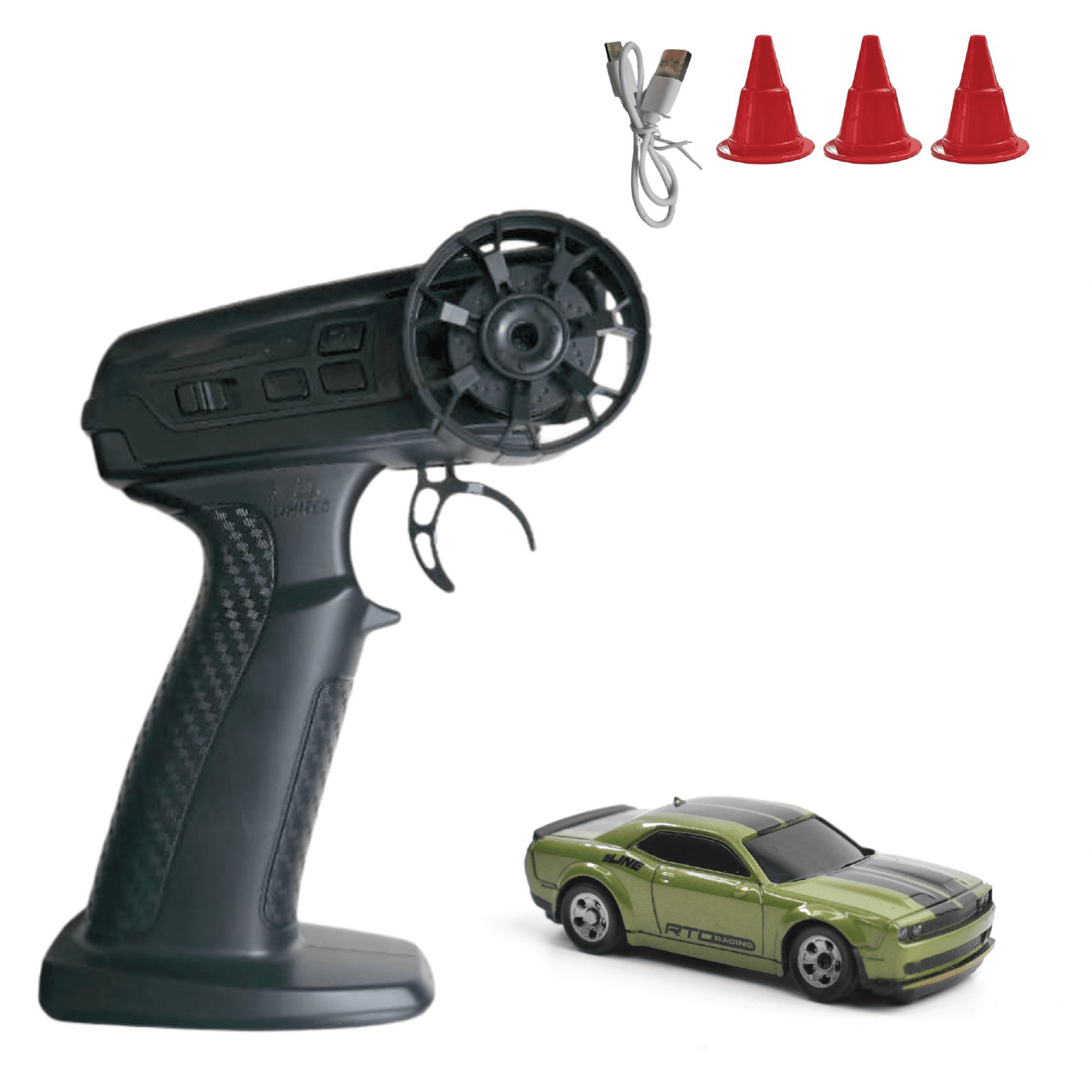 Remote control car set with transmitter, car, and traffic cones on a white background