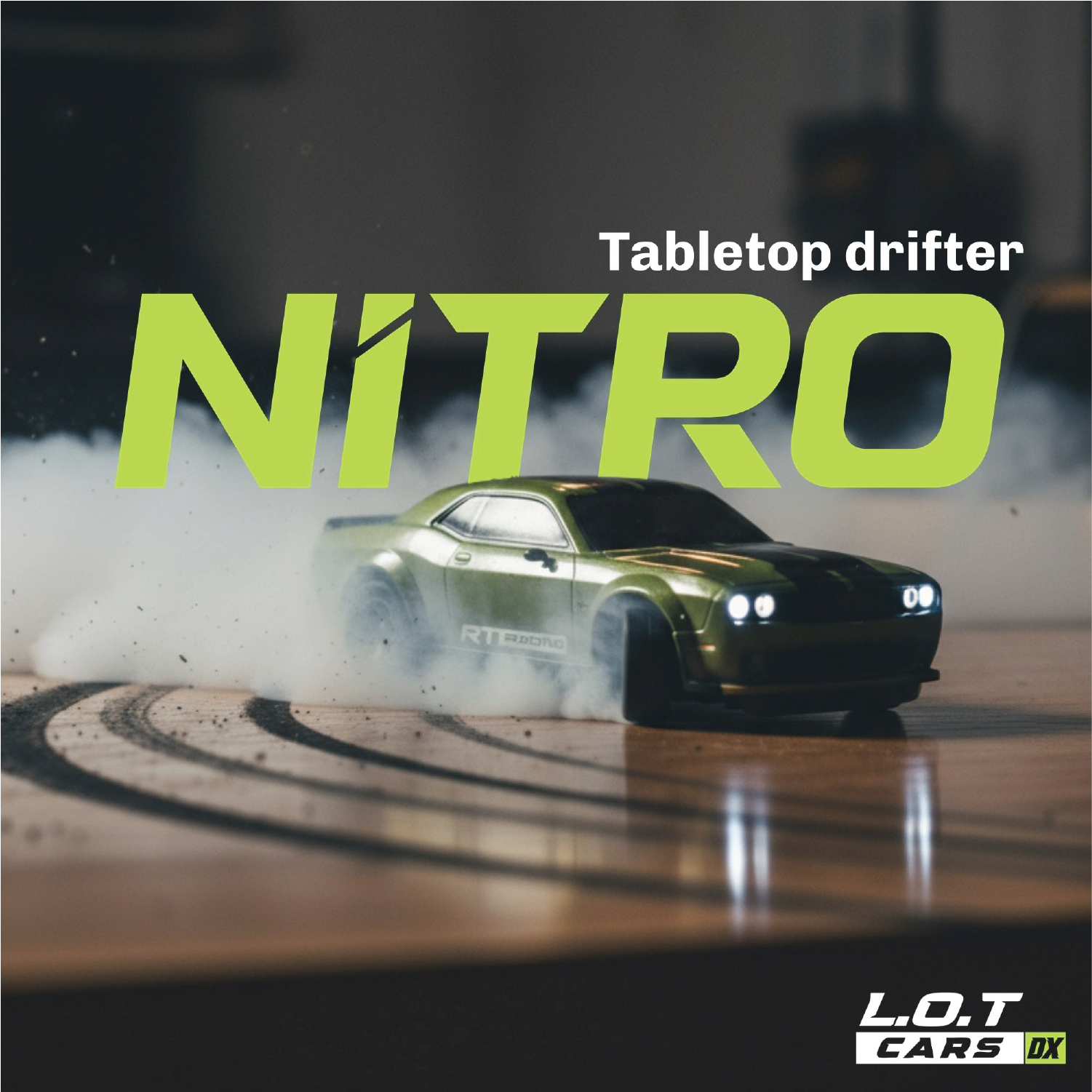 Green RC car model performing a drift with 'Nitro' and 'L.O.T Cars' branding.