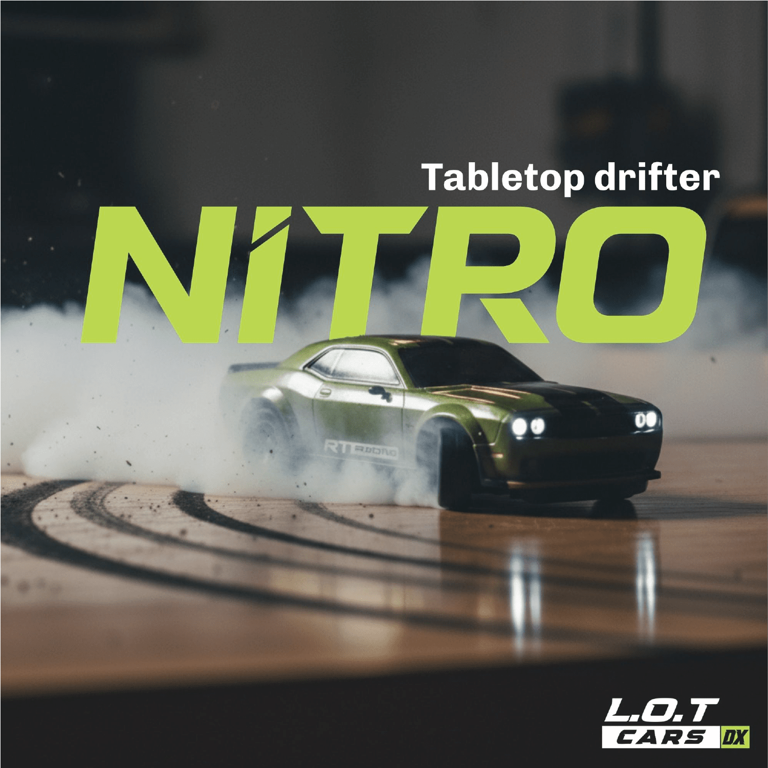 Green RC car model performing a drift with 'Nitro' and 'L.O.T Cars' branding.