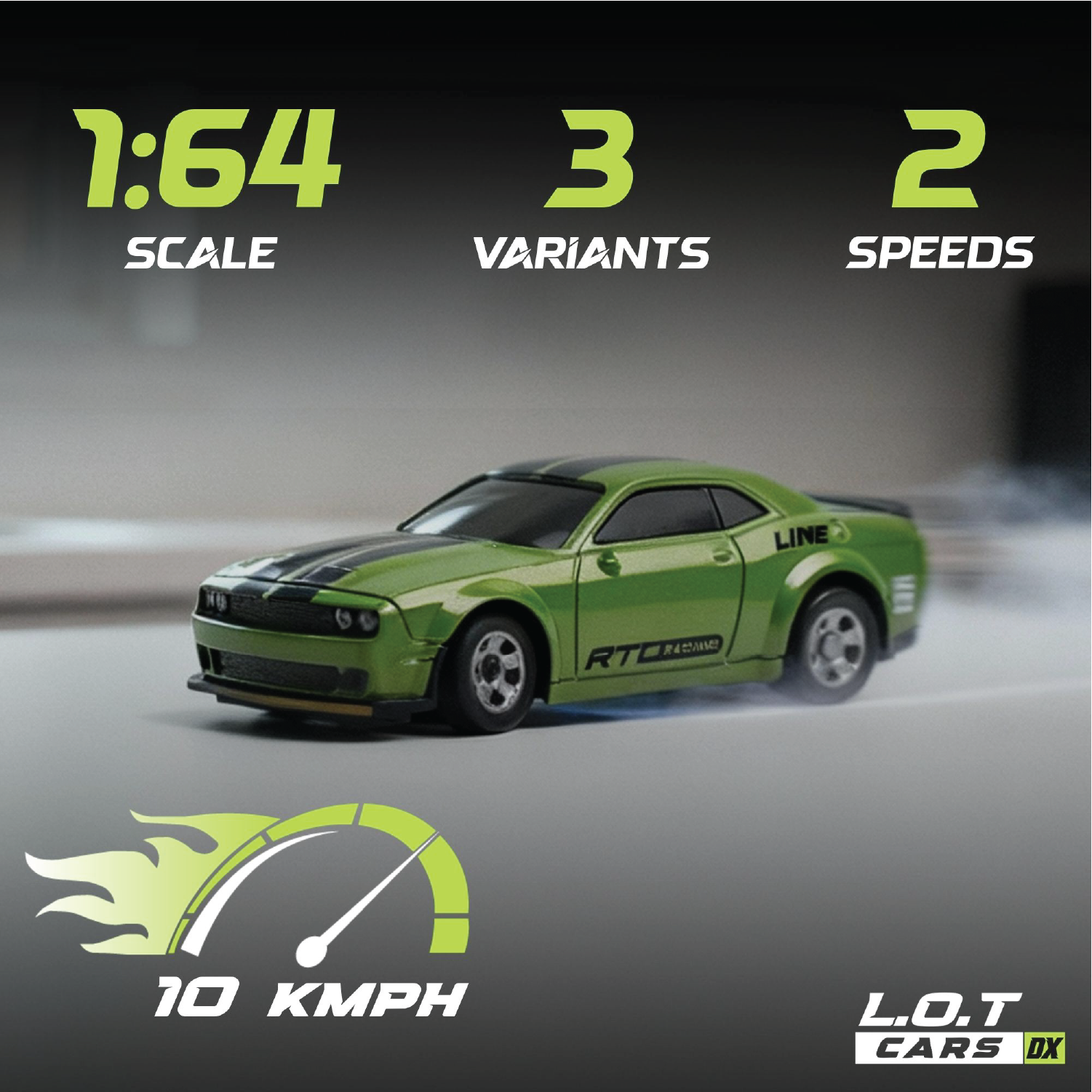Green RC toy car with specifications on a blurred background with 10kmph of Top speed
