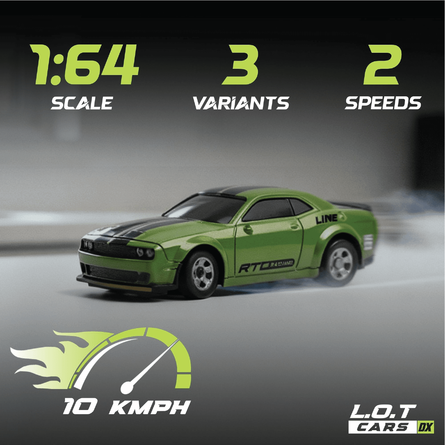 Green RC toy car with specifications on a blurred background with 10kmph of Top speed