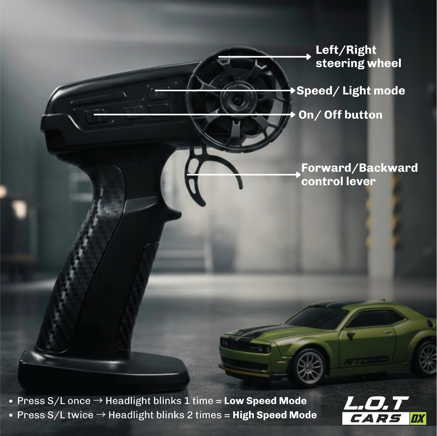 Remote Controller for a toy RC car with labeled parts and a blurred car in the background