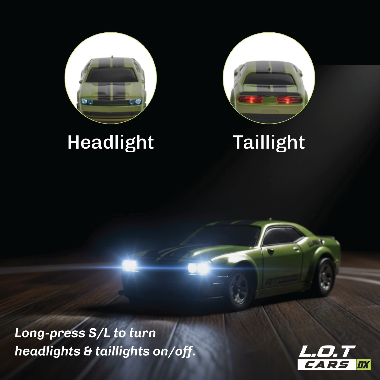 Green RC car with headlights and taillights labeled, on a dark background.