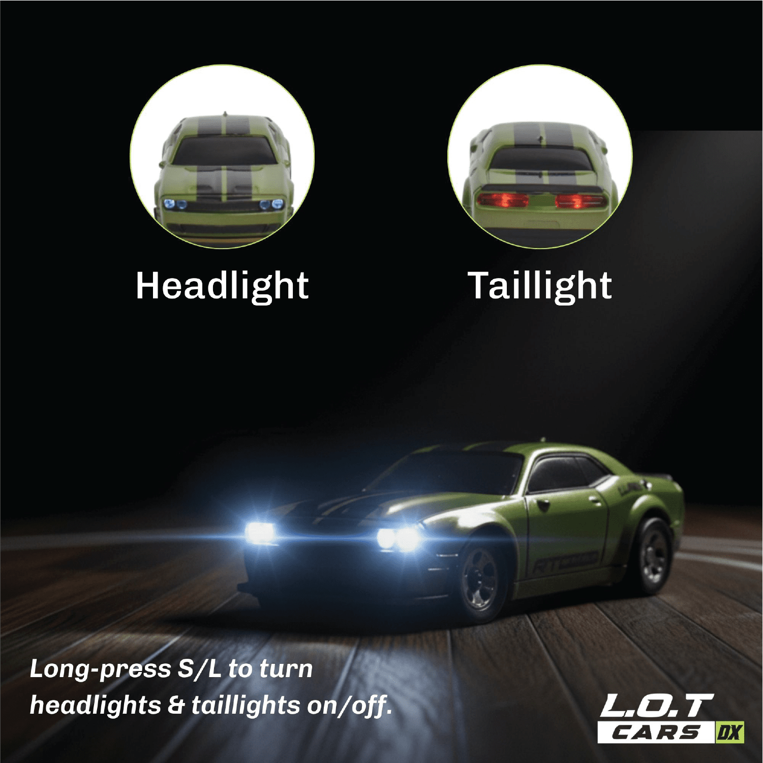 Green RC car with headlights and taillights labeled, on a dark background.