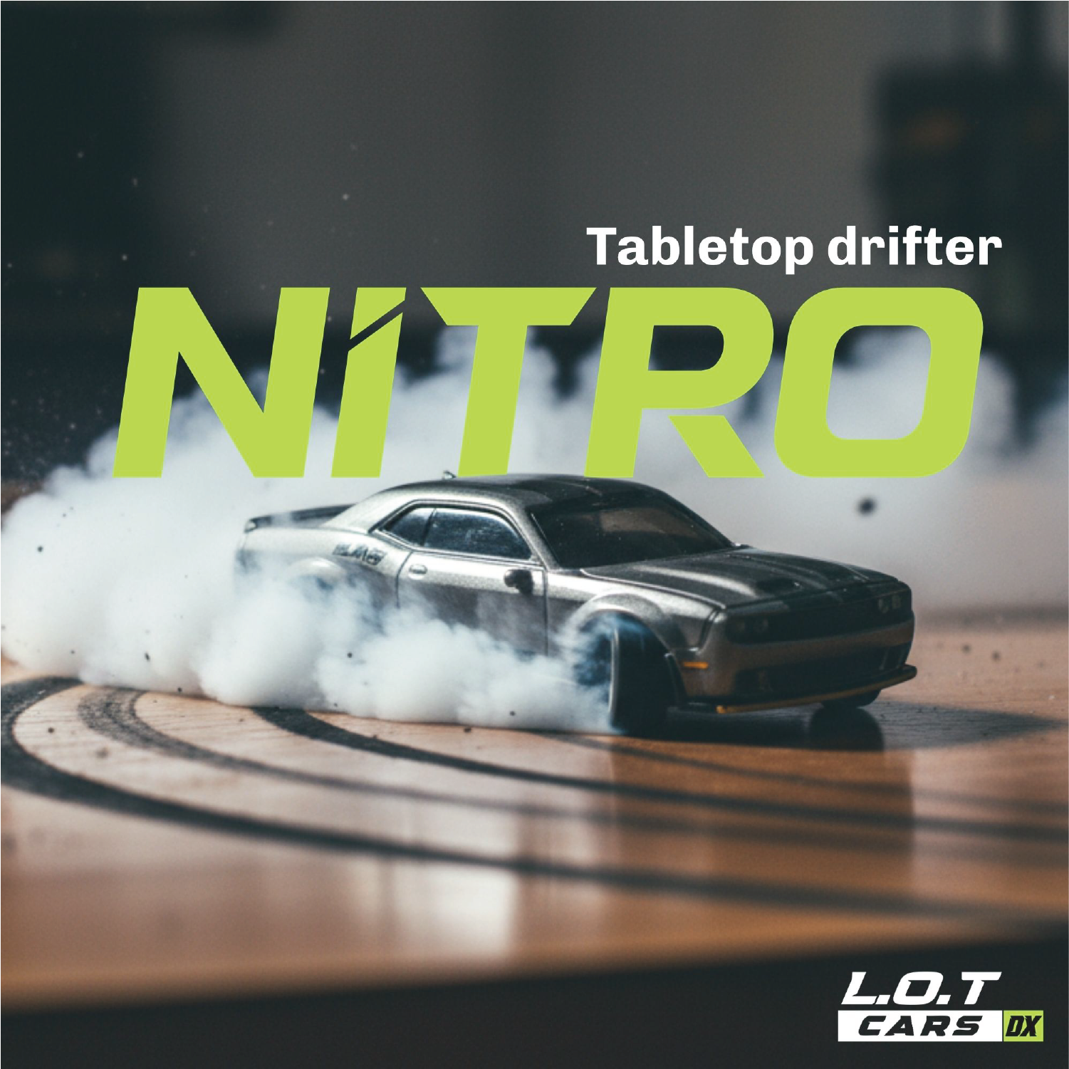 Tabletop RC car model with smoke effect and 'Nitro' text on a dark background
