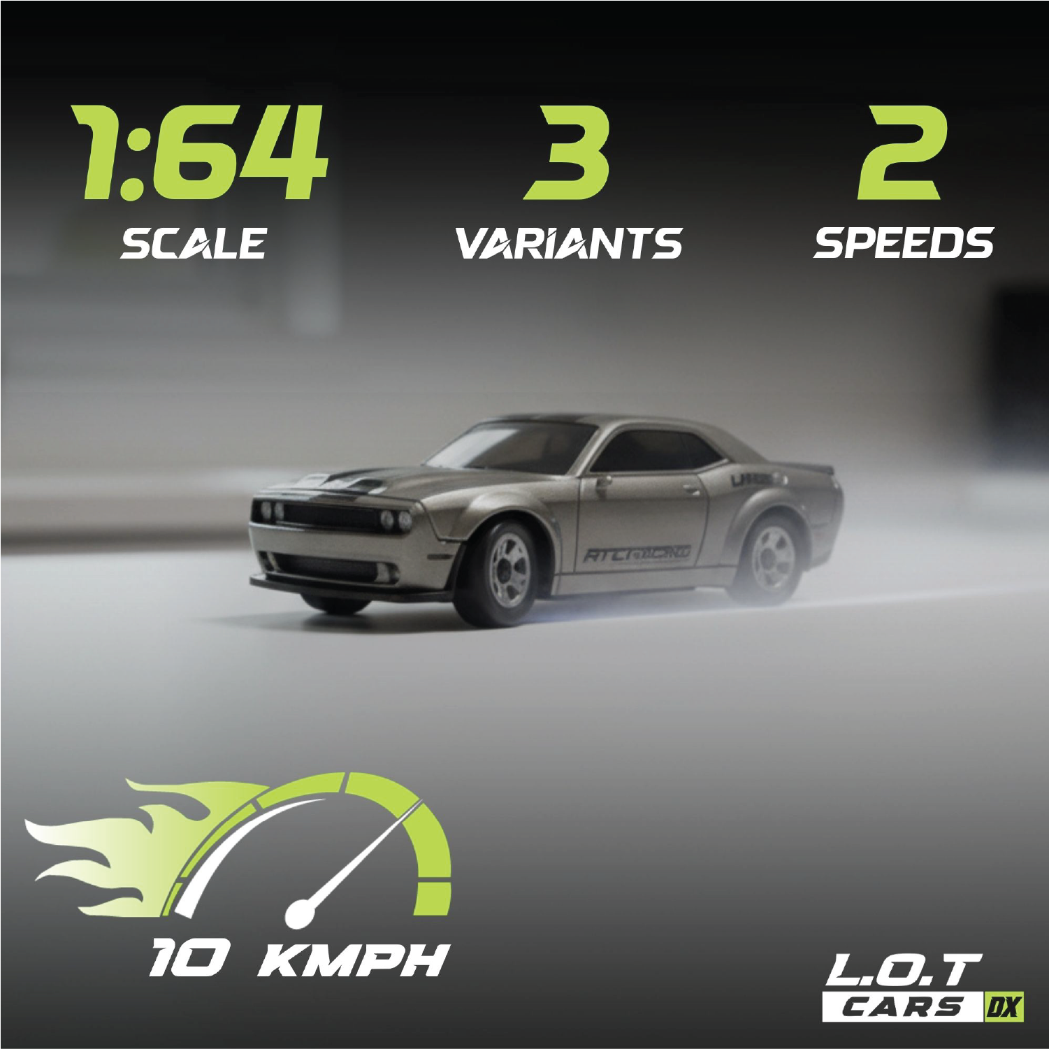 Silver Model RC car with specifications on a dark background