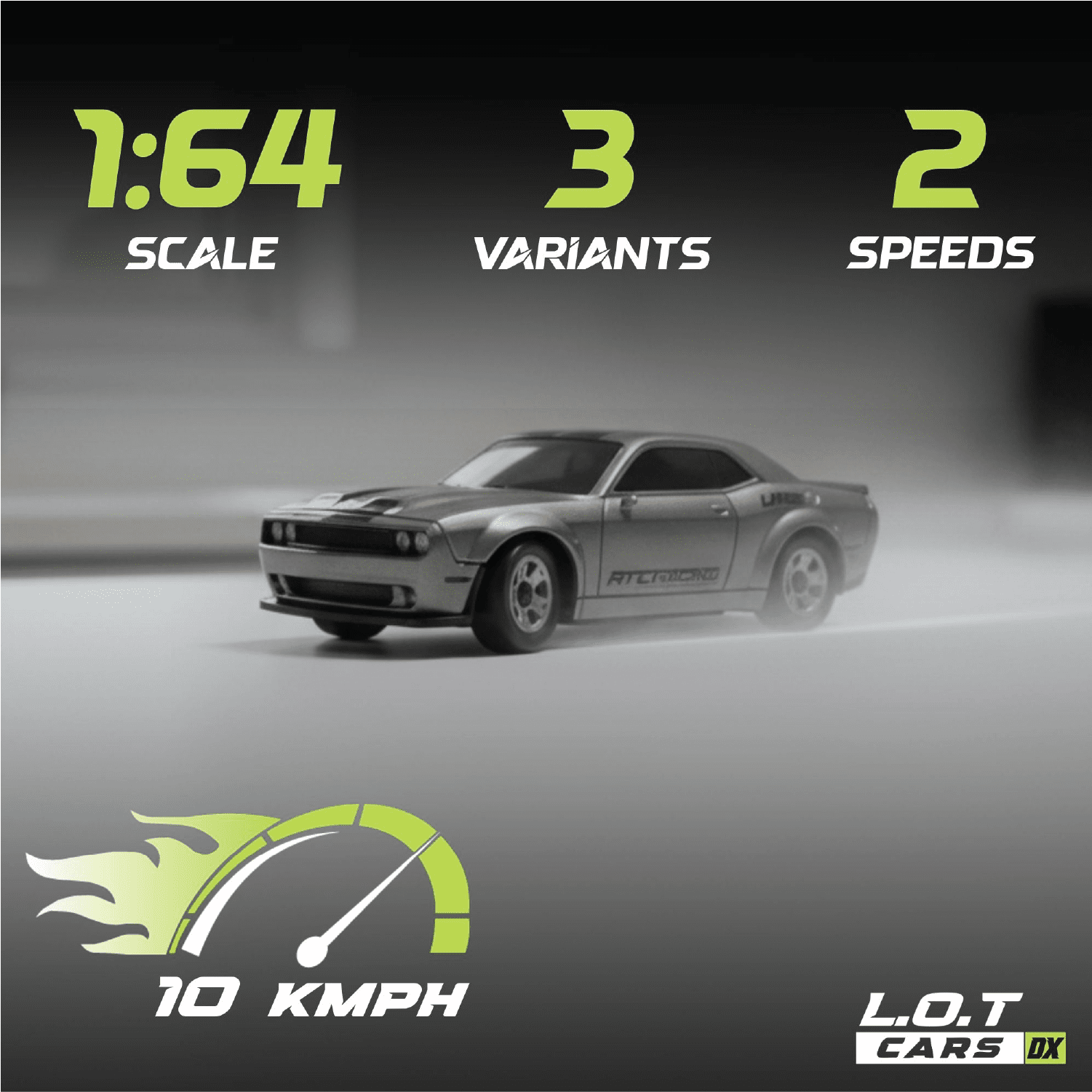 Silver Model RC car with specifications on a dark background