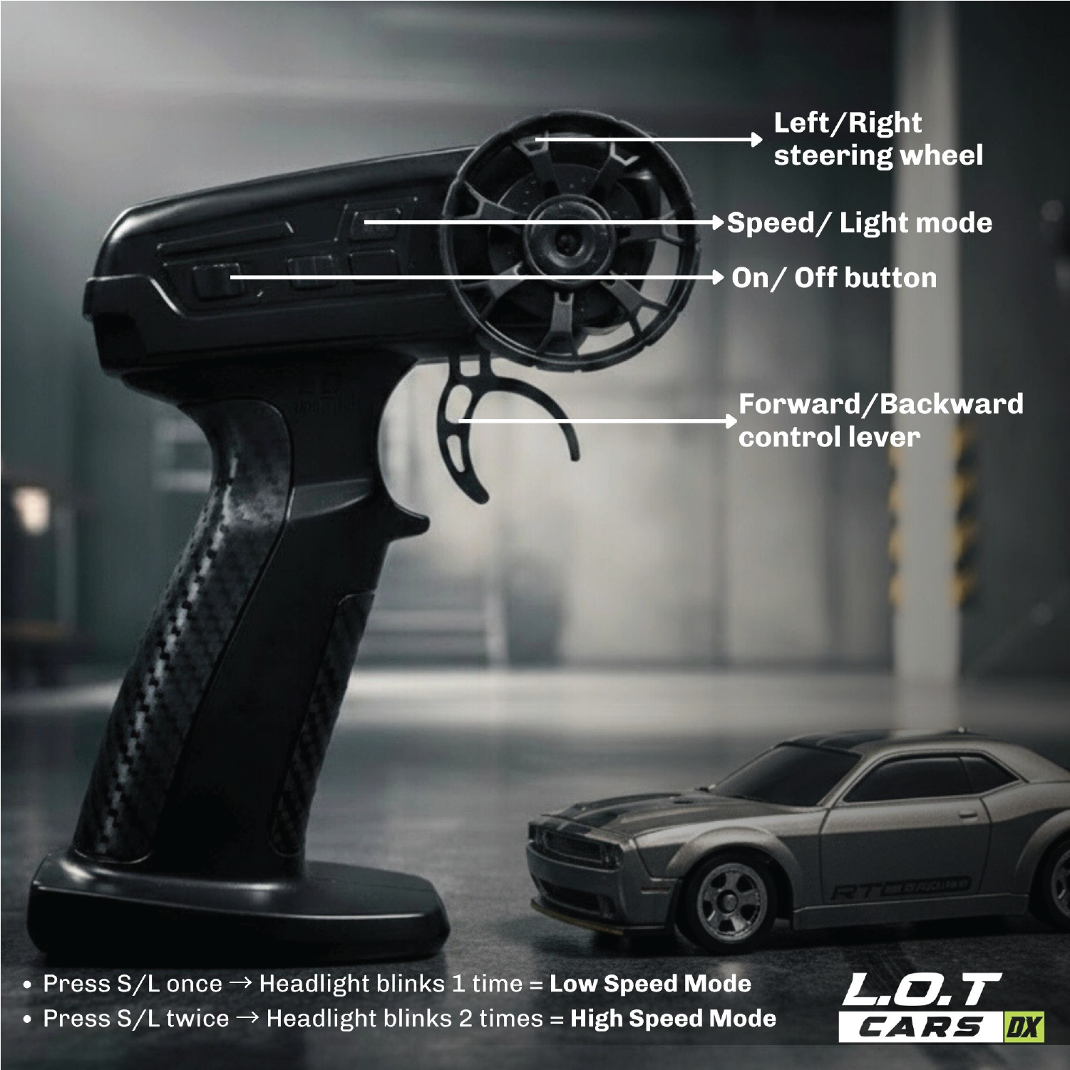 Black remote control with labeled buttons and a toy RC car in the background