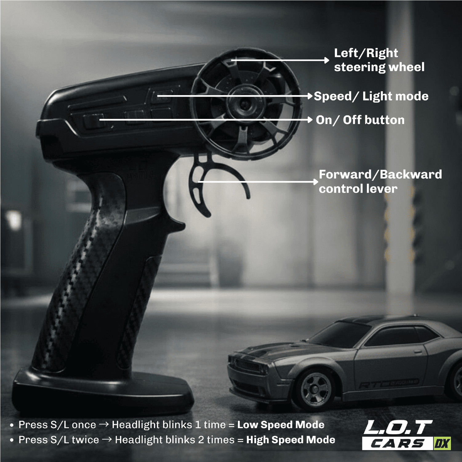 Black remote control with labeled buttons and a toy RC car in the background