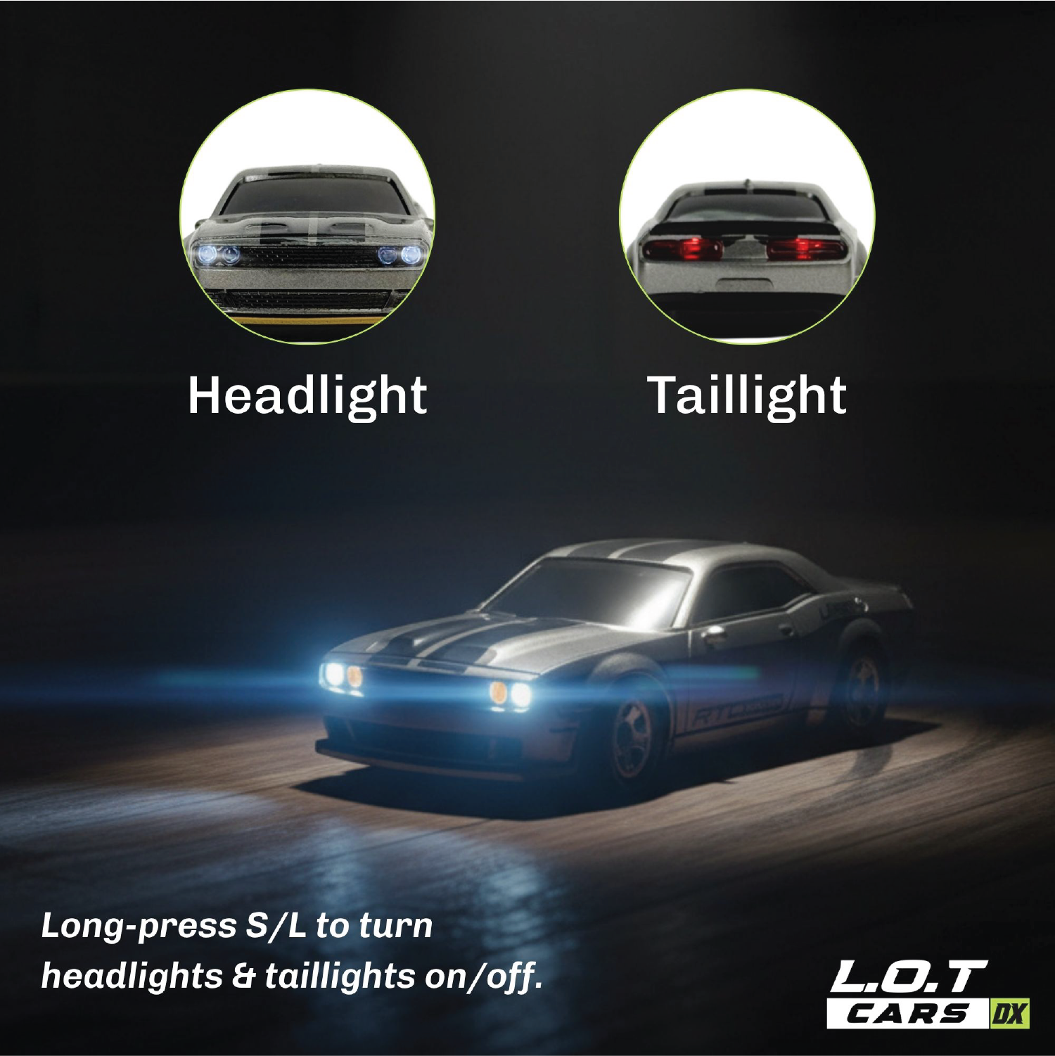 RC Car with headlights and taillights illuminated on a dark background, featuring L.O.T Cars branding.