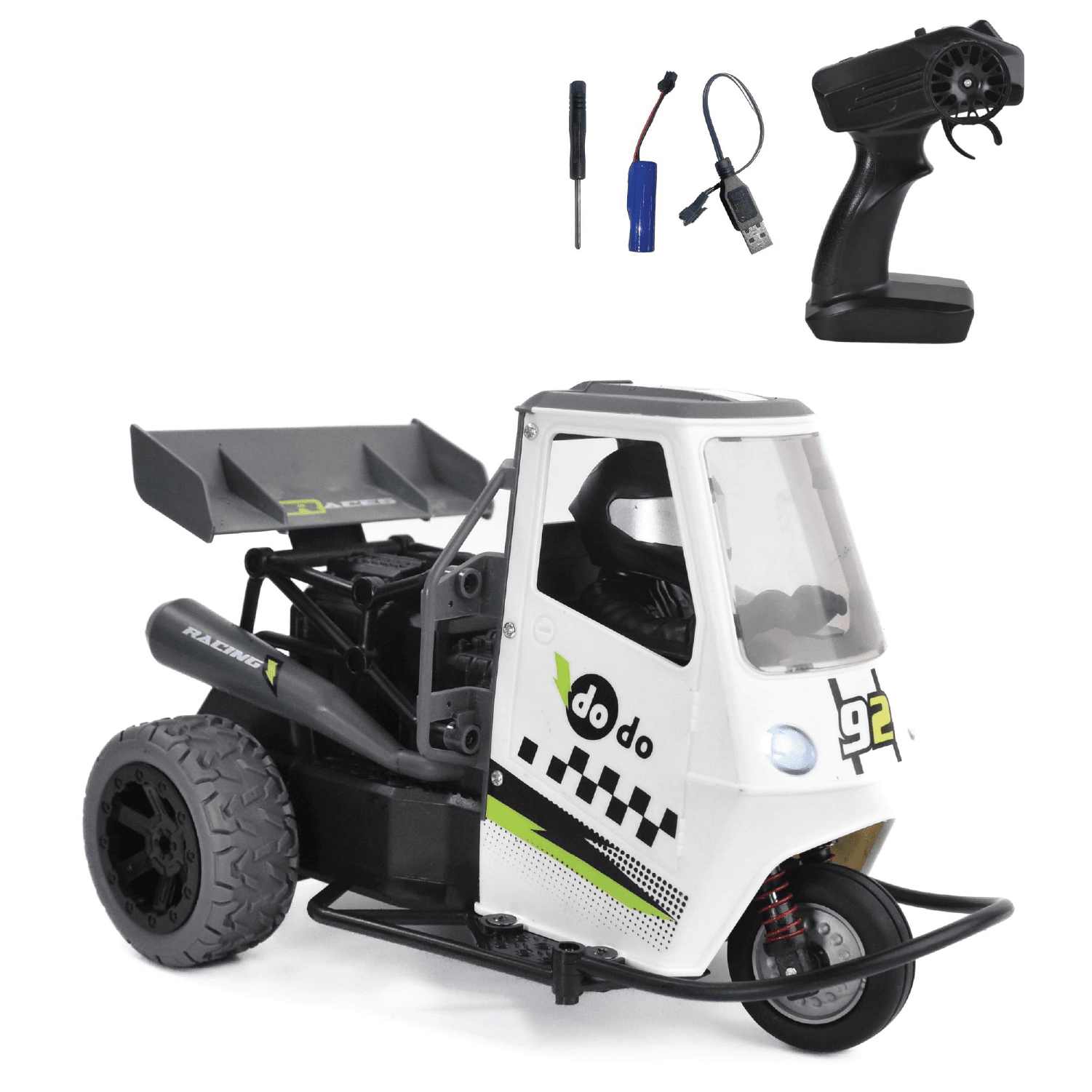 Toy truck with remote control and accessories on a white background