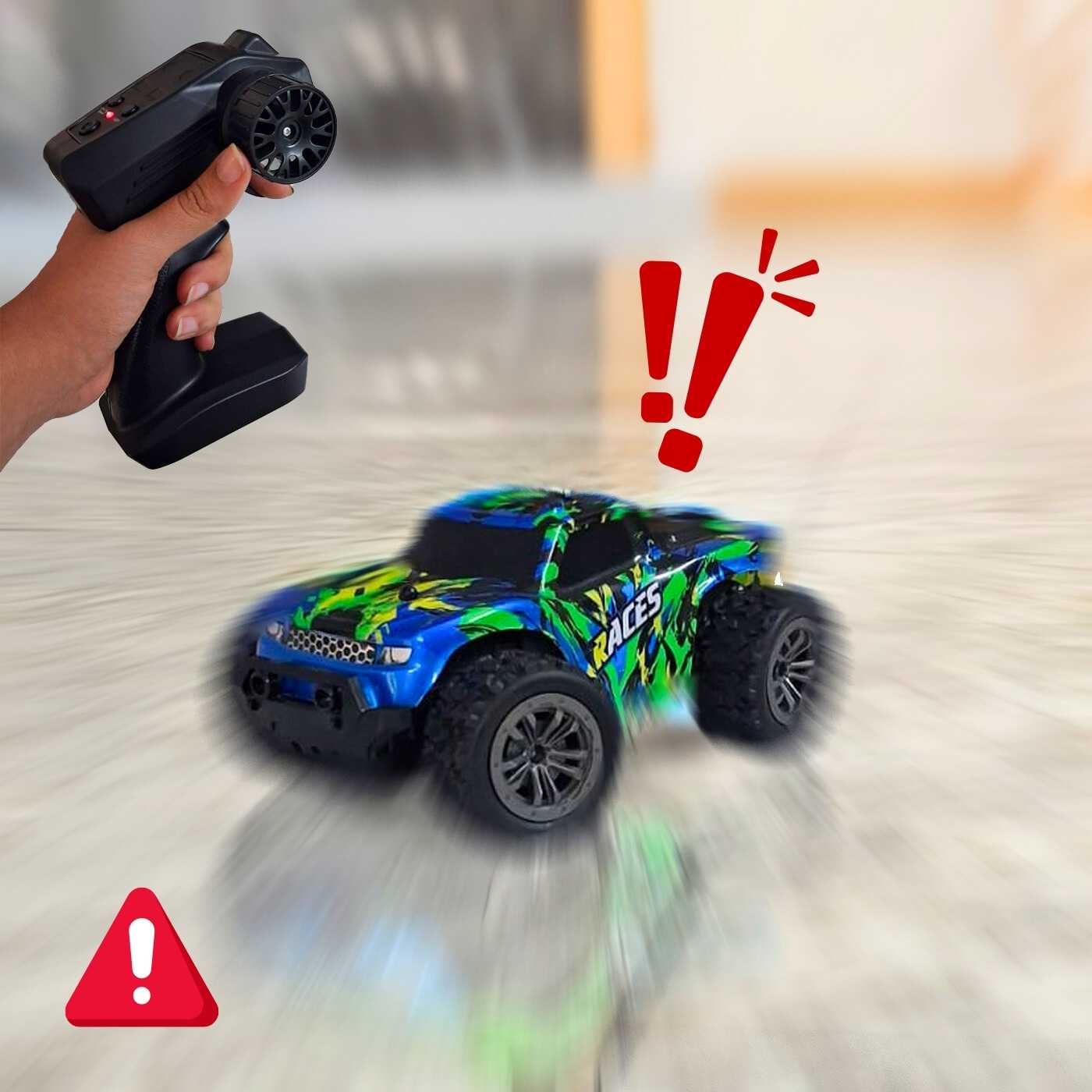 Colorful remote control RC car on a blurred background with a hand holding a remote control.