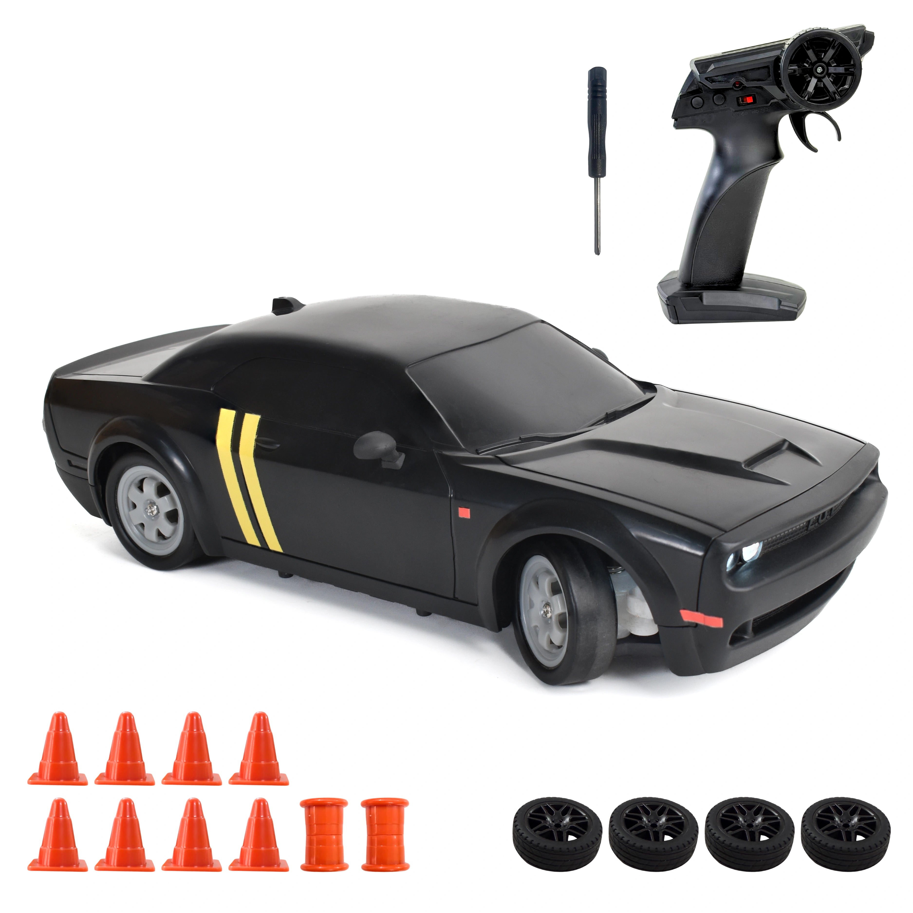 Black toy rc car with yellow stripes and remote control, surrounded by orange cones and black wheels on a white background.