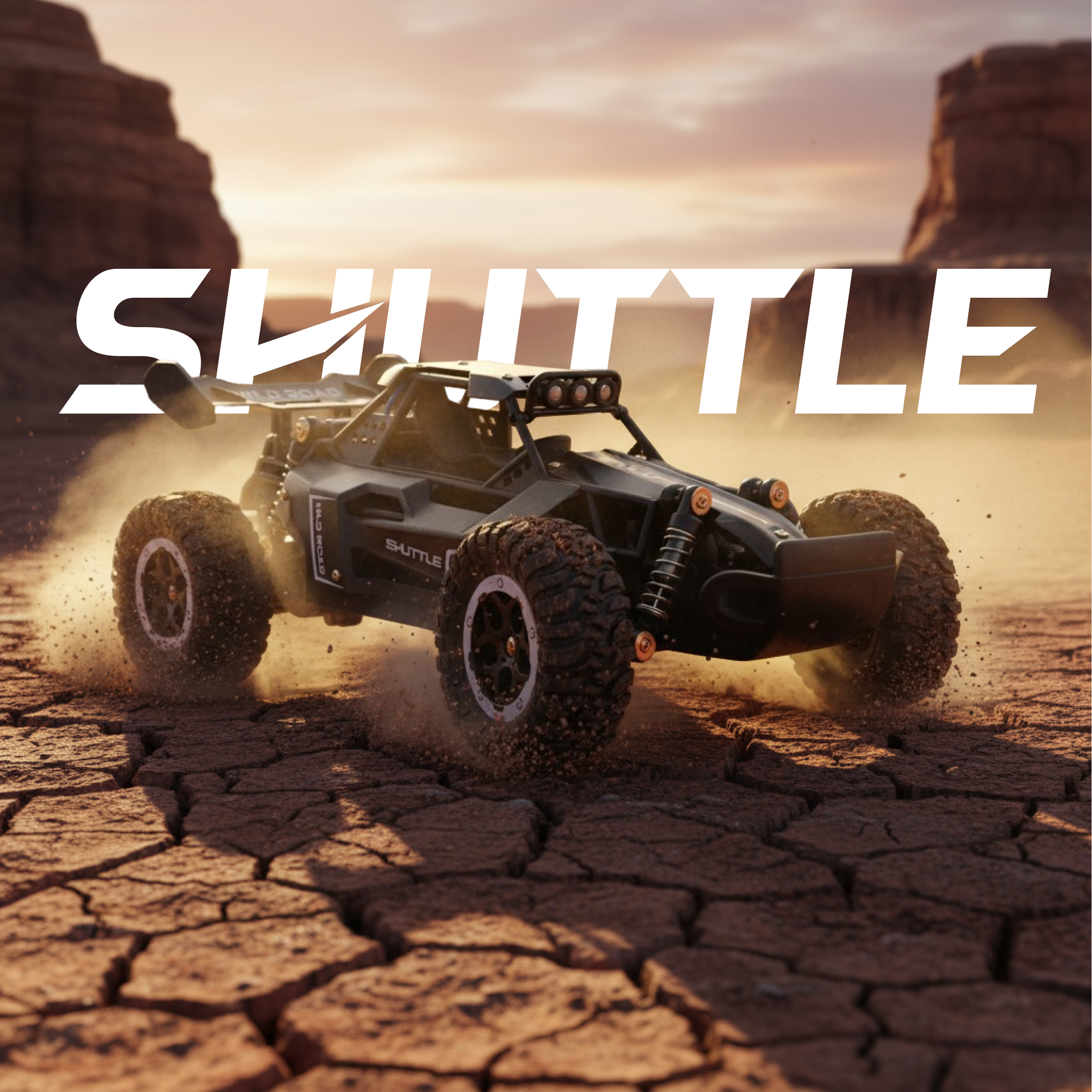Off-road RC vehicle in a desert landscape with 'SHUTTLE' branding.