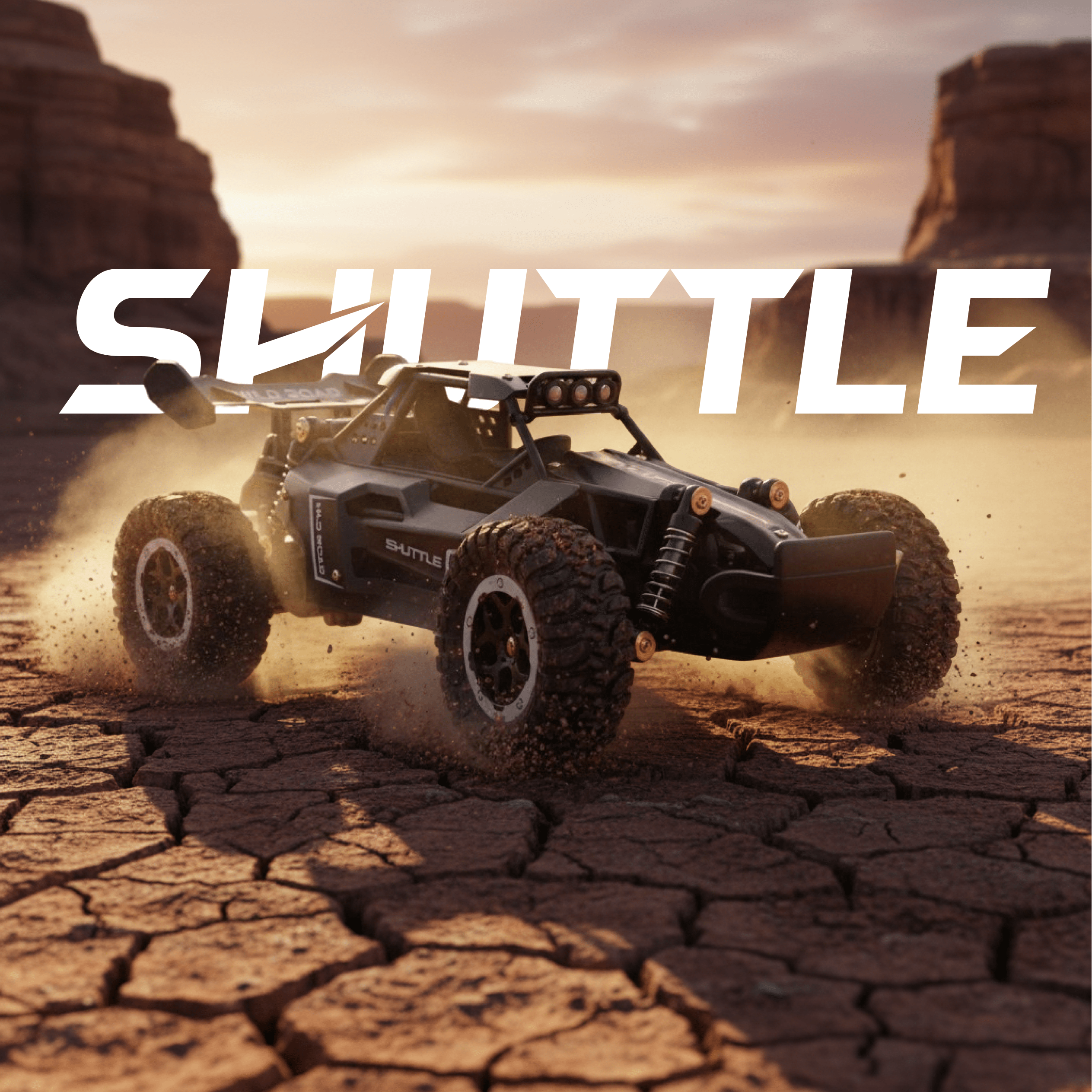 Off-road RC vehicle in a desert landscape with 'SHUTTLE' branding.