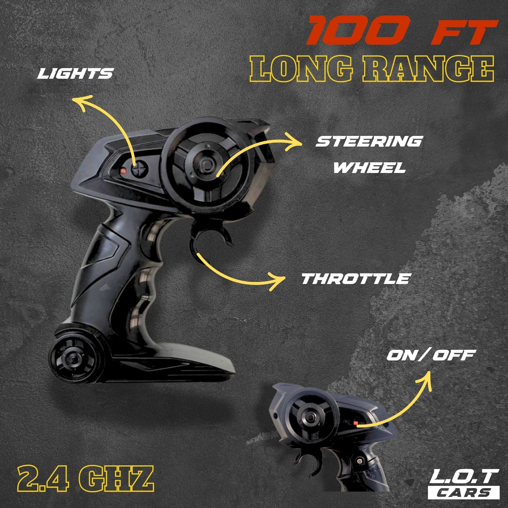 Remote control handle with labeled parts and long range features of 100ft on a dark background.