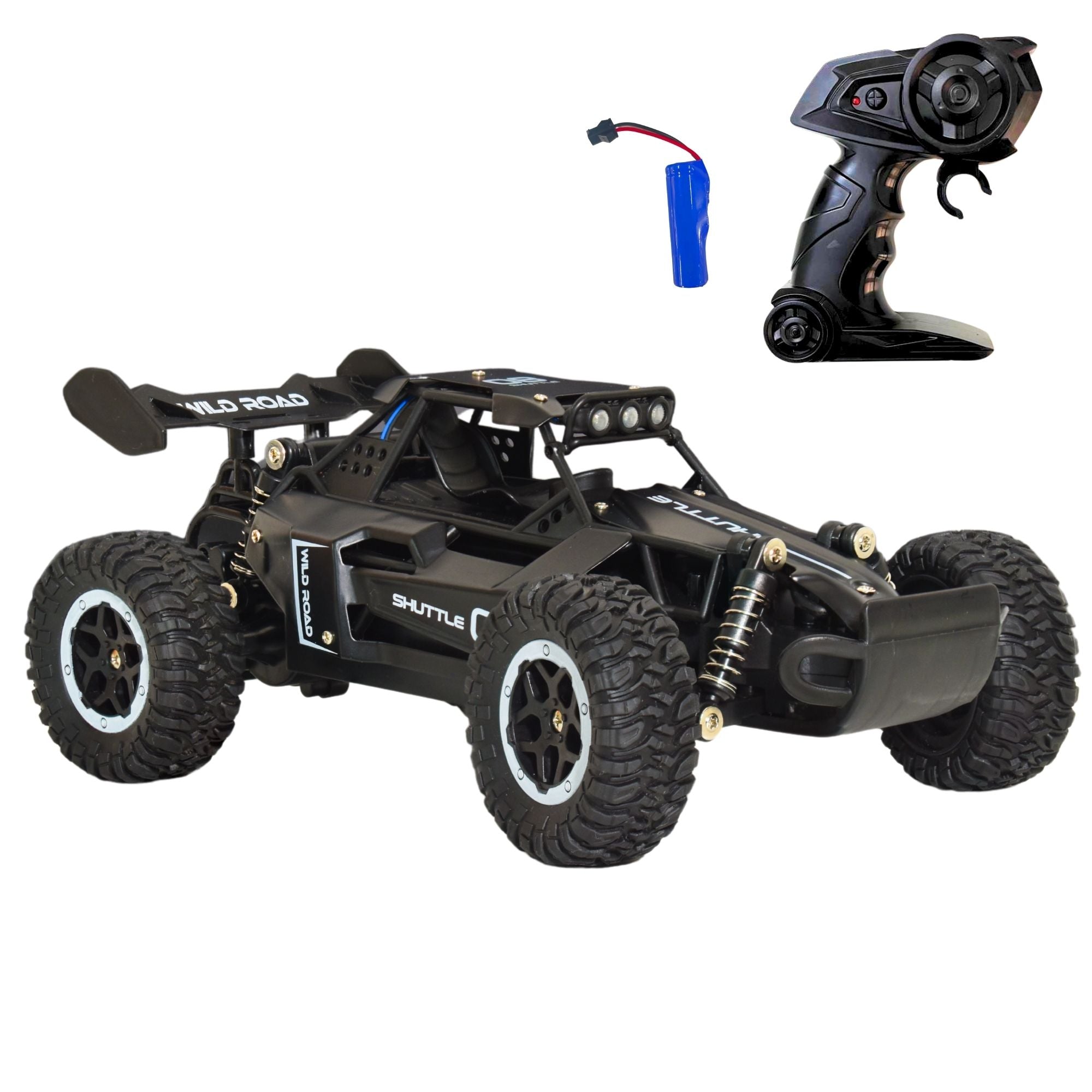 A black remote control off-road car with LED lights and a 2.4Ghz remote control, batteries included.