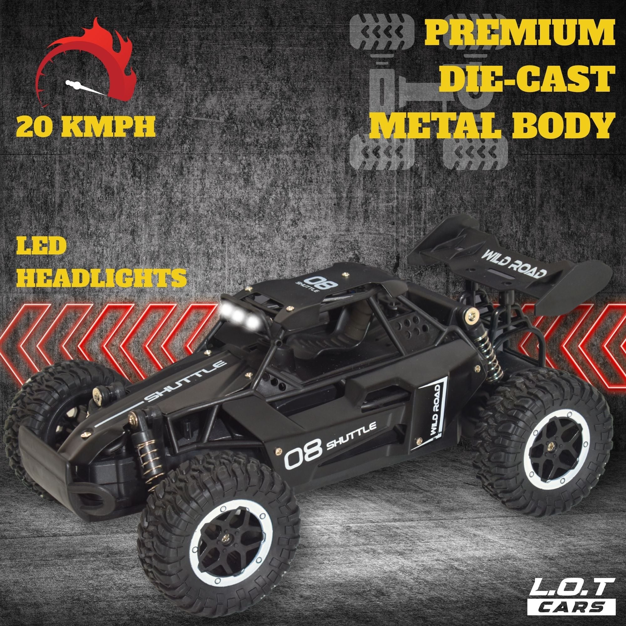 Black remote control car with features highlighted on a dark background