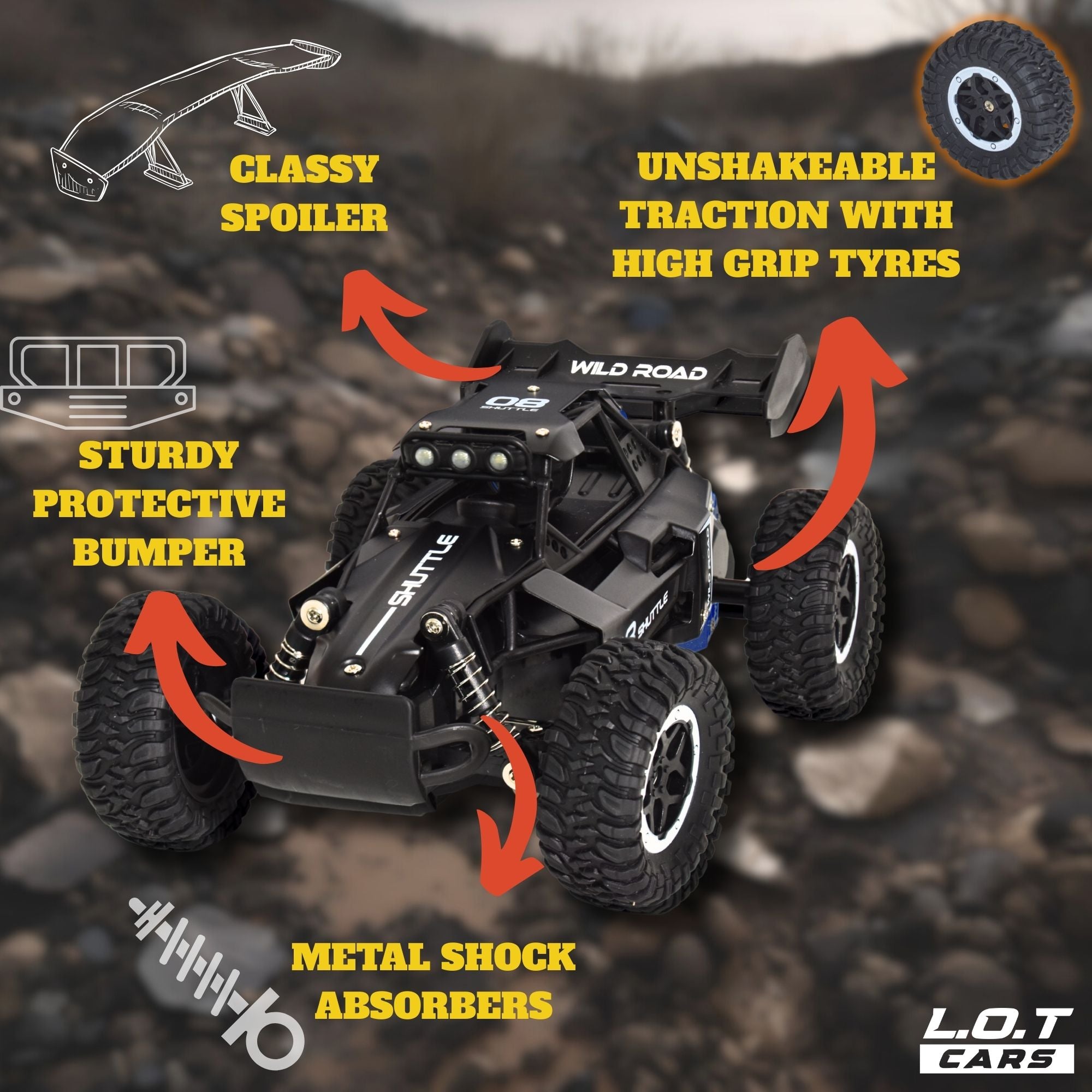 Black RC off-road vehicle with features highlighted on a rocky background