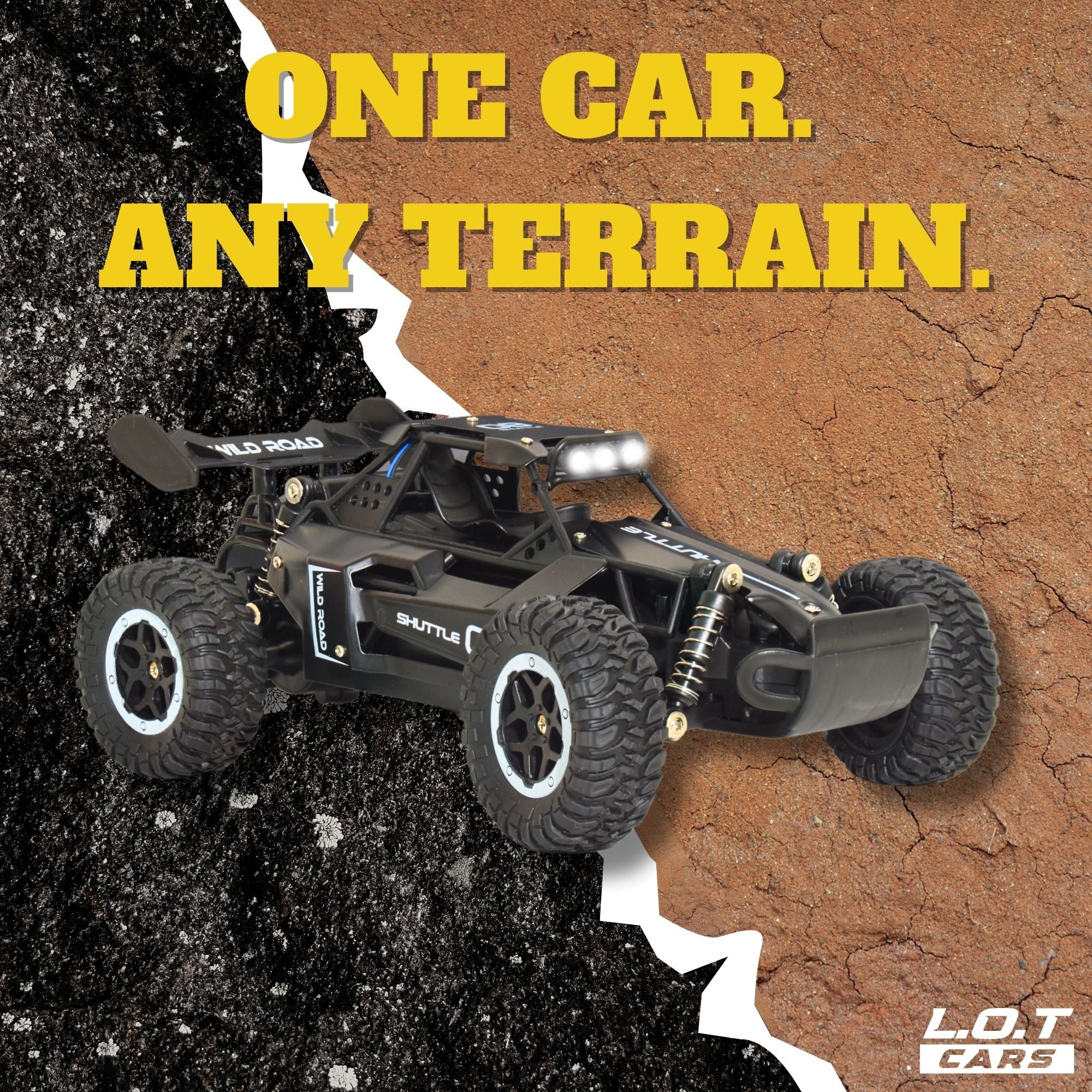Black off-road RC car on a split terrain background with 'ONE CAR. ANY TERRAIN.' text.