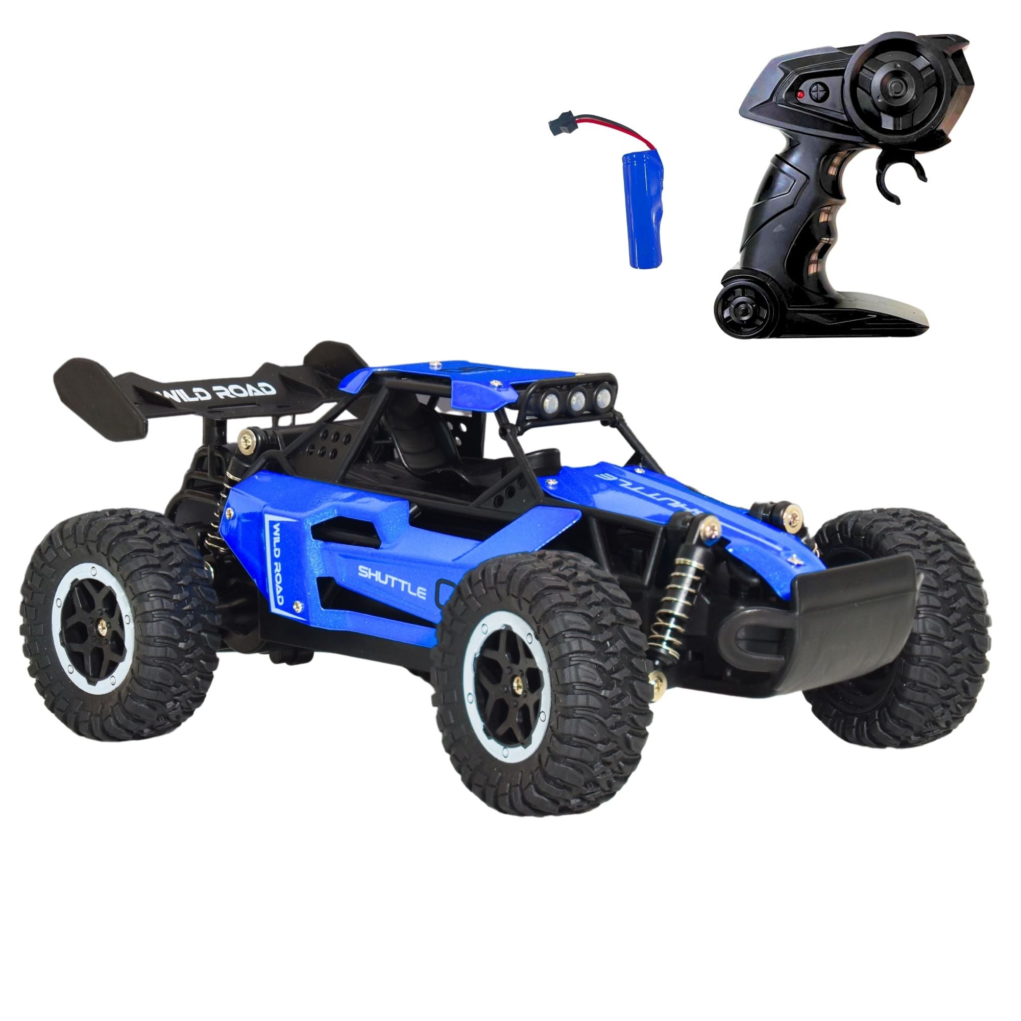 A blue remote control offroading car with a black remote control and a rechargeable battery, designed for high-speed dune racing.