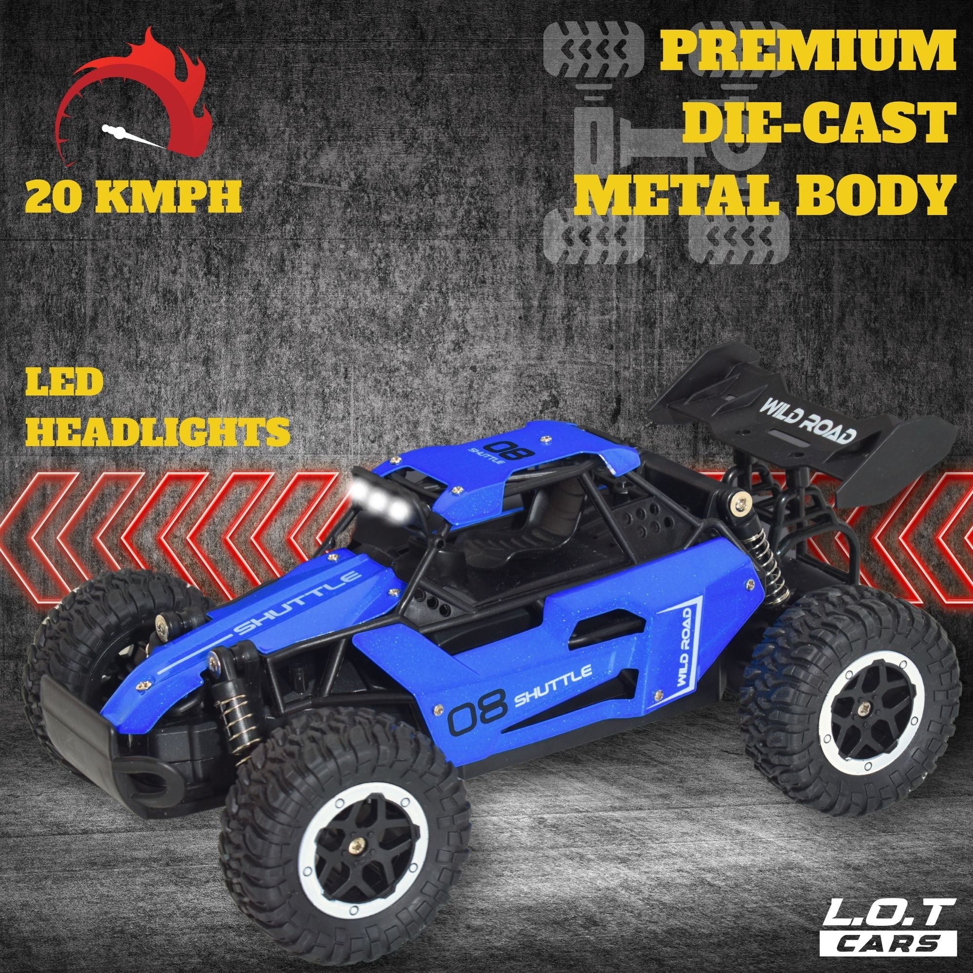 Blue Rc off-road vehicle with text highlighting features on a dark background
