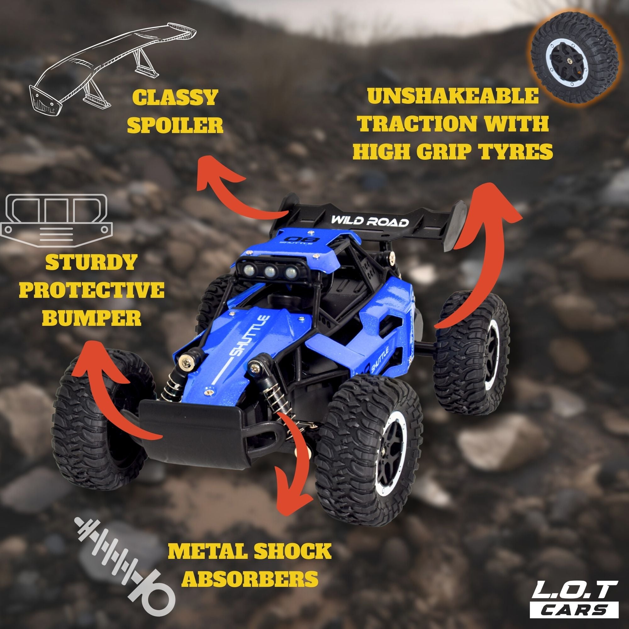 Blue off-road RC car with features highlighted on a rocky background